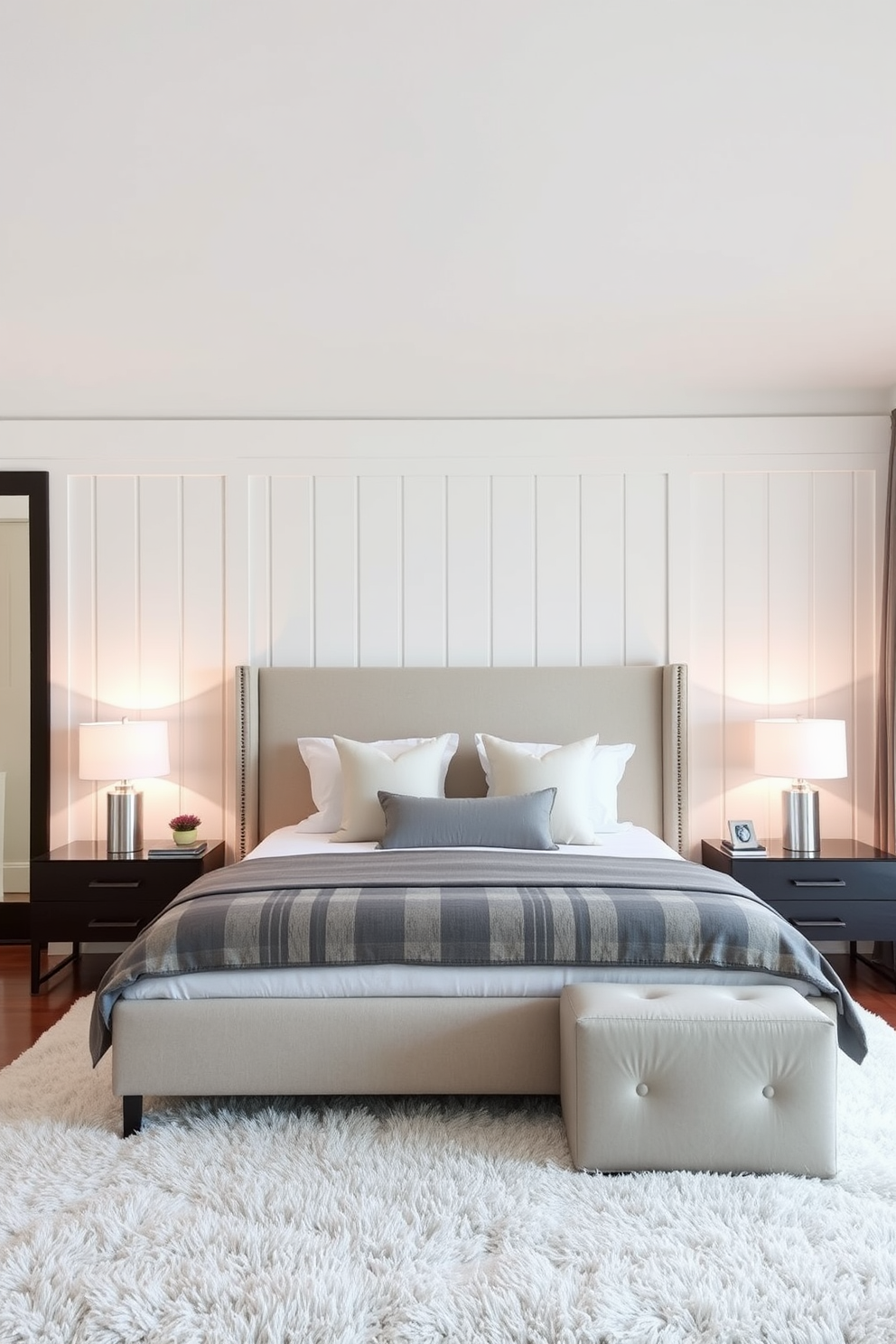 Create a serene bedroom accent wall featuring an ombre paint effect that transitions smoothly from a soft light blue at the top to a deep navy at the bottom. The wall should be complemented by minimalist decor, including a sleek bed with crisp white linens and subtle touches of natural wood furniture.