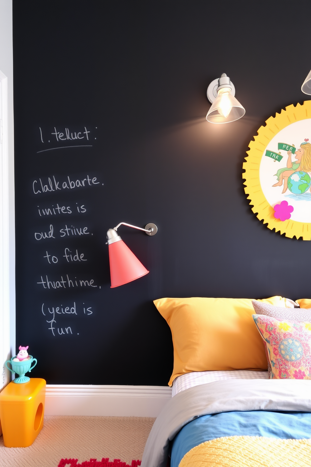 A playful bedroom accent wall is painted with chalkboard paint, inviting creativity and fun. The wall serves as a canvas for colorful drawings and messages, adding a unique touch to the space. Brightly colored accessories complement the chalkboard wall, creating a vibrant and energetic atmosphere. Soft lighting fixtures enhance the playful design, making the bedroom a cozy retreat for both relaxation and inspiration.