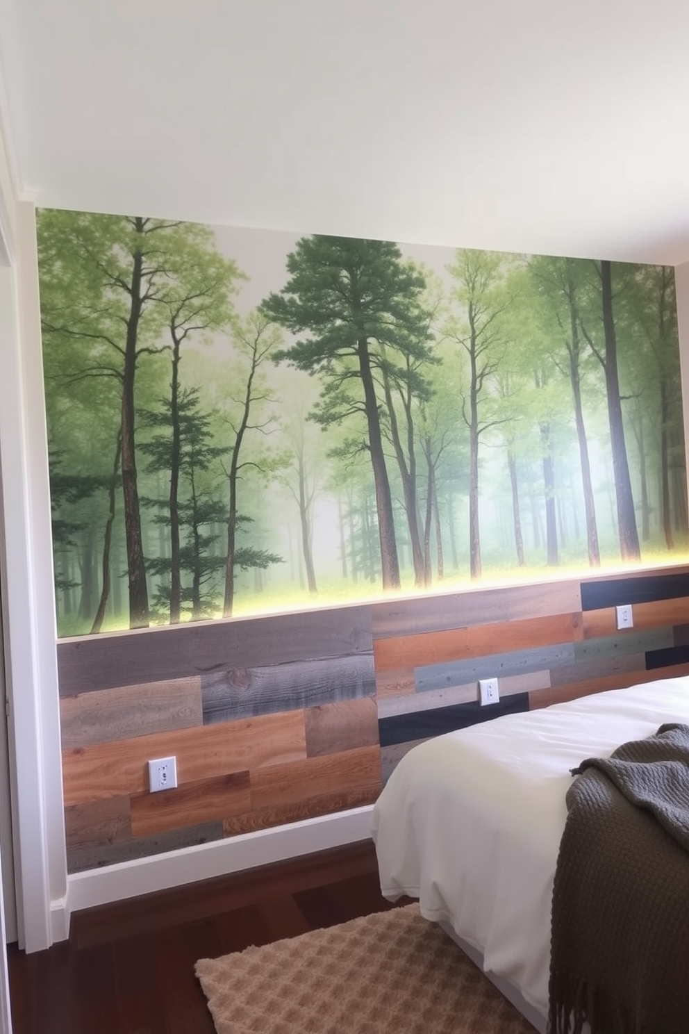 A nature-inspired mural depicting a tranquil forest scene covers the accent wall of the bedroom. Soft greens and earthy browns create a calming backdrop, complemented by gentle lighting that enhances the serene atmosphere. The accent wall features a blend of textured materials, including reclaimed wood and soft fabric panels. This design adds depth and warmth to the space, making it a cozy retreat for relaxation and rest.