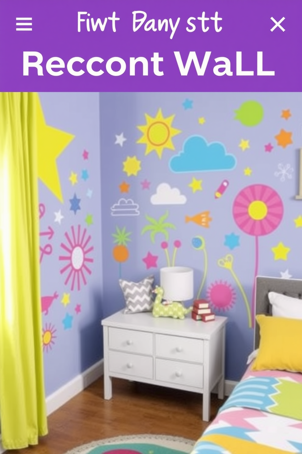 Create a vibrant and playful bedroom accent wall using colorful vinyl decals that feature whimsical shapes and patterns. Incorporate elements like stars, clouds, and abstract designs to evoke a cheerful atmosphere. The wall should serve as a focal point in the room, complementing the overall decor with a mix of bright and pastel colors. Ensure that the decals are arranged in a way that enhances the space while maintaining a sense of balance and harmony.