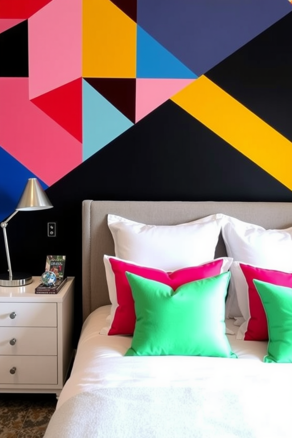 Create a trendy bedroom with a striking color blocking theme. The accent wall features bold geometric shapes in vibrant colors that contrast beautifully with the neutral-toned furnishings. Incorporate a plush bed adorned with colorful throw pillows that complement the accent wall. Add stylish bedside tables with modern lamps to enhance the contemporary aesthetic of the space.