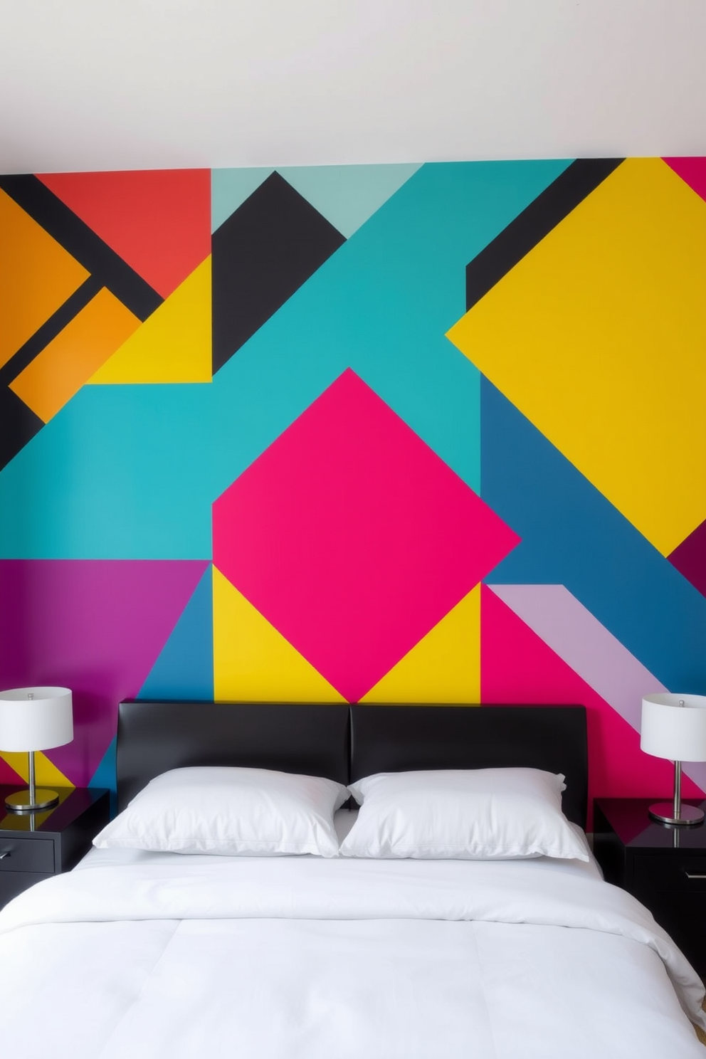 A bold geometric pattern creates a striking accent wall in a modern bedroom. The wall features a mix of sharp angles and vibrant colors, adding energy and personality to the space. Complementing the accent wall, the bedroom is furnished with sleek, contemporary furniture. A plush bed with crisp white linens sits against the patterned wall, while minimalist nightstands on either side enhance the modern aesthetic.