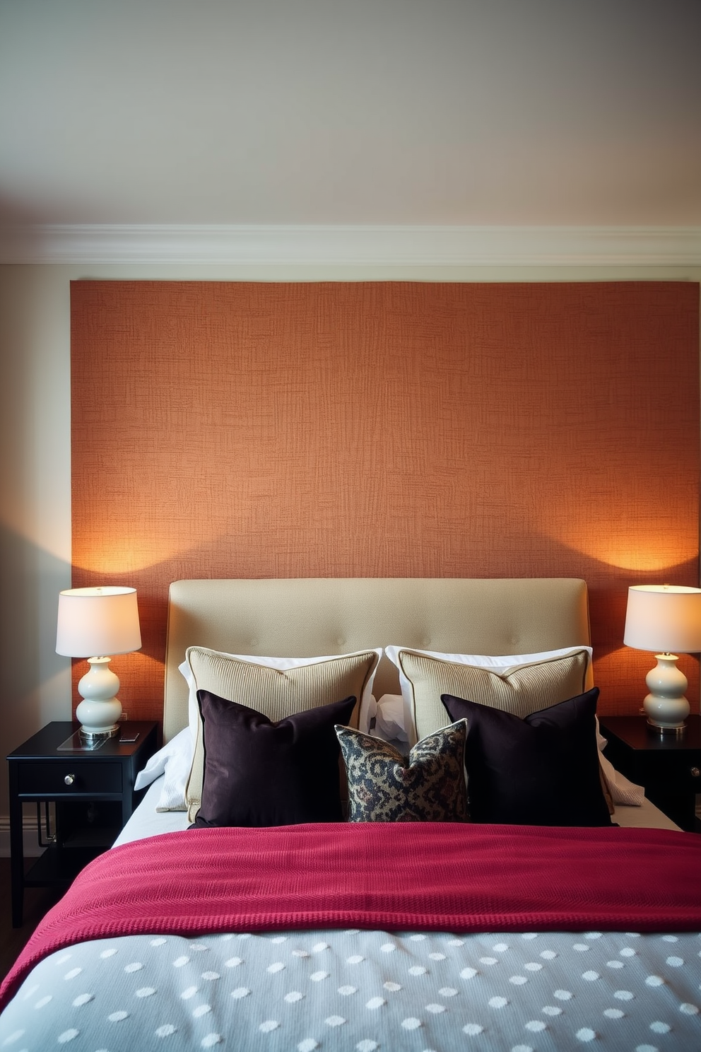 A striking bedroom featuring a color-blocking technique with bold contrasting hues. The accent wall is painted in deep navy blue paired with bright coral, creating a vibrant focal point in the room. The bedding is styled in layered textures, incorporating shades of white and soft gray to balance the bold colors. Decorative pillows in complementary colors add depth and interest to the overall design.