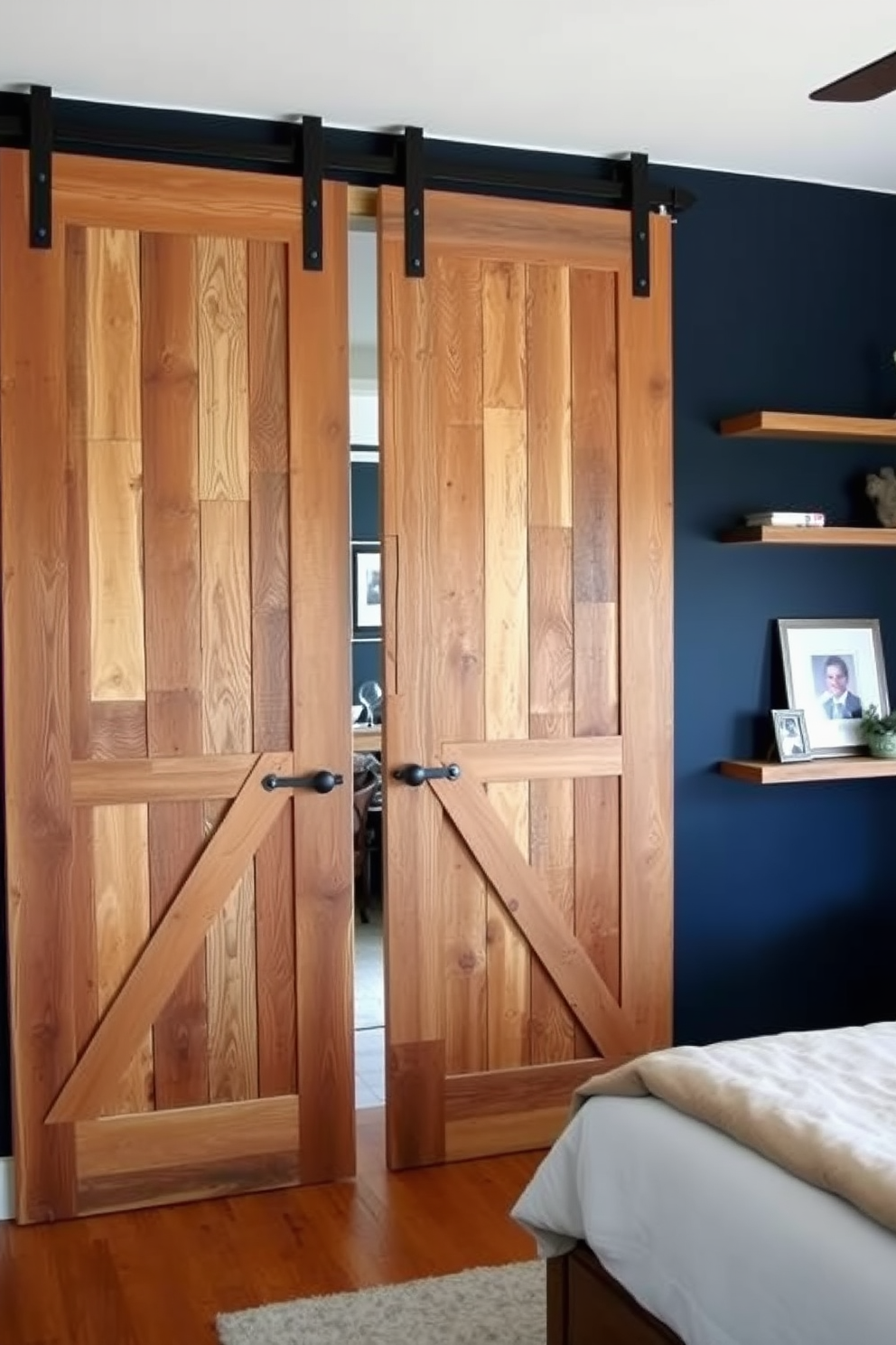 Rustic barn doors serve as a stunning focal point in the bedroom, creating a warm and inviting atmosphere. The doors are made of reclaimed wood, showcasing natural textures and rich tones that complement the overall design. For the accent wall, consider a deep navy blue hue to add depth and sophistication to the space. This bold color can be paired with tasteful artwork or decorative shelves to enhance the visual interest of the room.