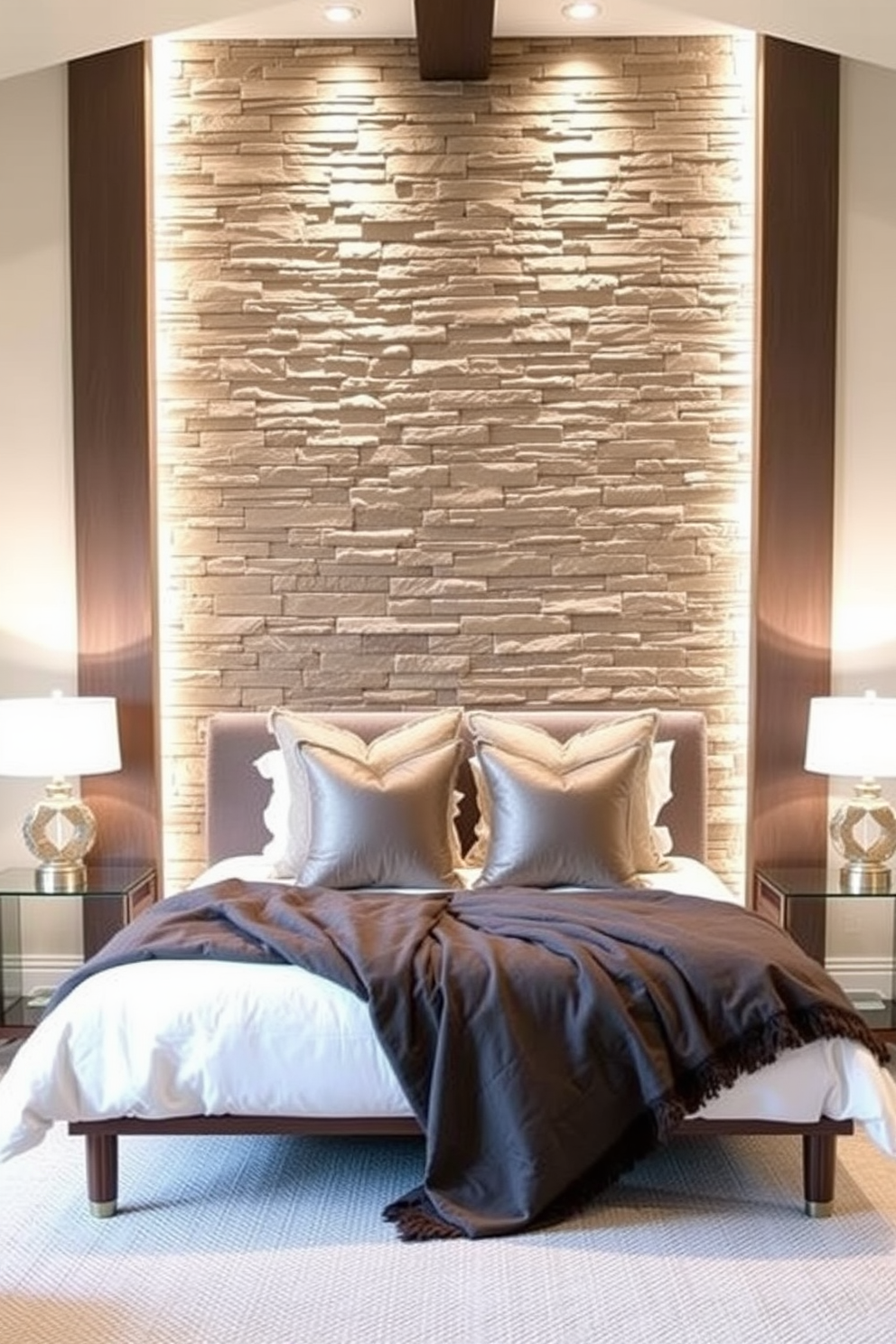 A cozy bedroom featuring a stone veneer accent wall that adds warmth and texture to the space. The wall is complemented by soft lighting that highlights the natural variations in the stone. The bed is positioned against the accent wall, adorned with plush pillows and a luxurious throw blanket. A pair of stylish bedside tables flank the bed, each topped with elegant lamps that create a serene ambiance.