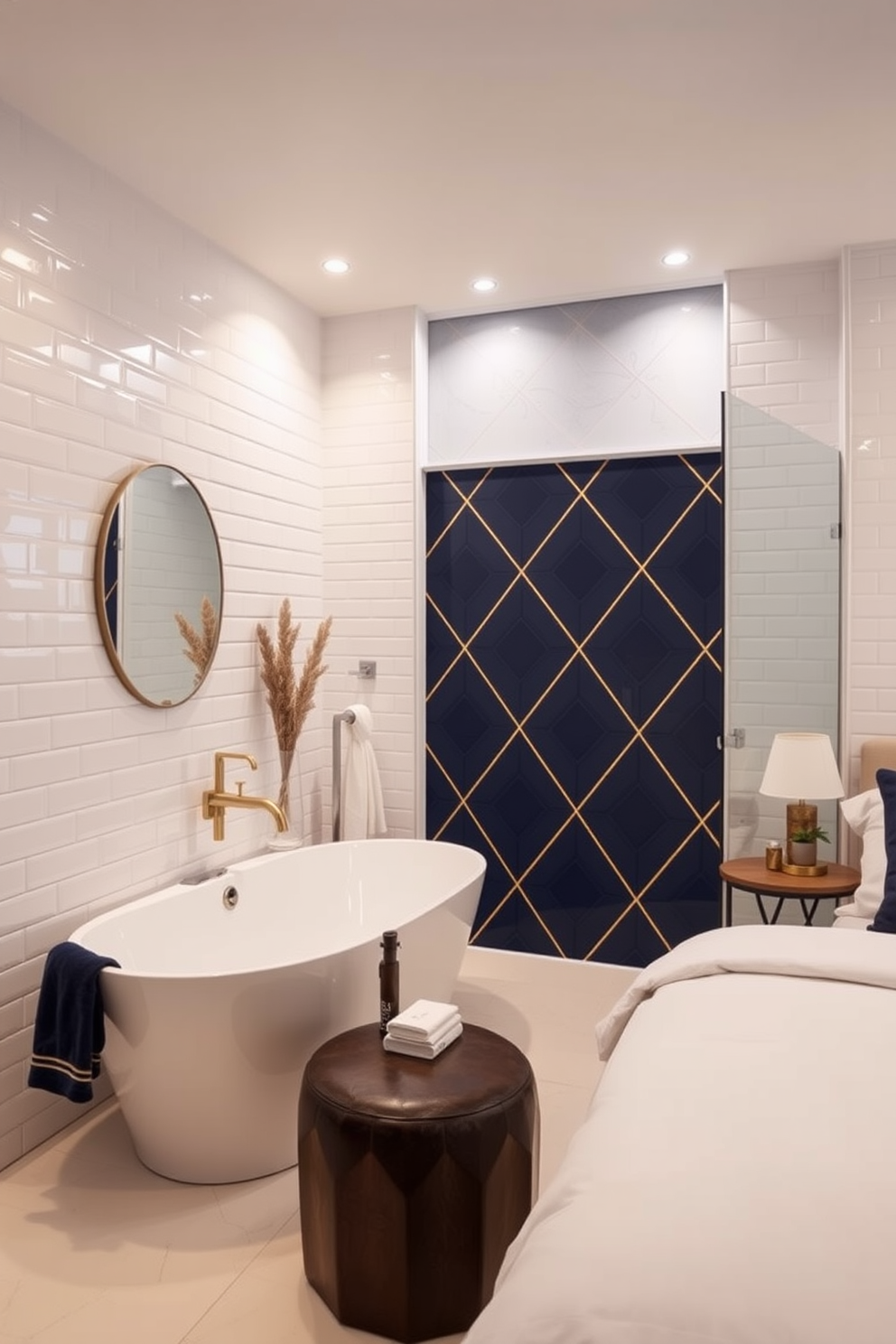 A chic bathroom featuring sleek subway tiles in a glossy white finish that extend from floor to ceiling. The space is illuminated by warm lighting, creating a cozy atmosphere complemented by a freestanding tub and a stylish shower area. A stylish bedroom with an accent wall designed using bold geometric patterns in deep navy blue and gold. The wall serves as a focal point, enhancing the warmth of the room with soft textures and complementary decor elements.