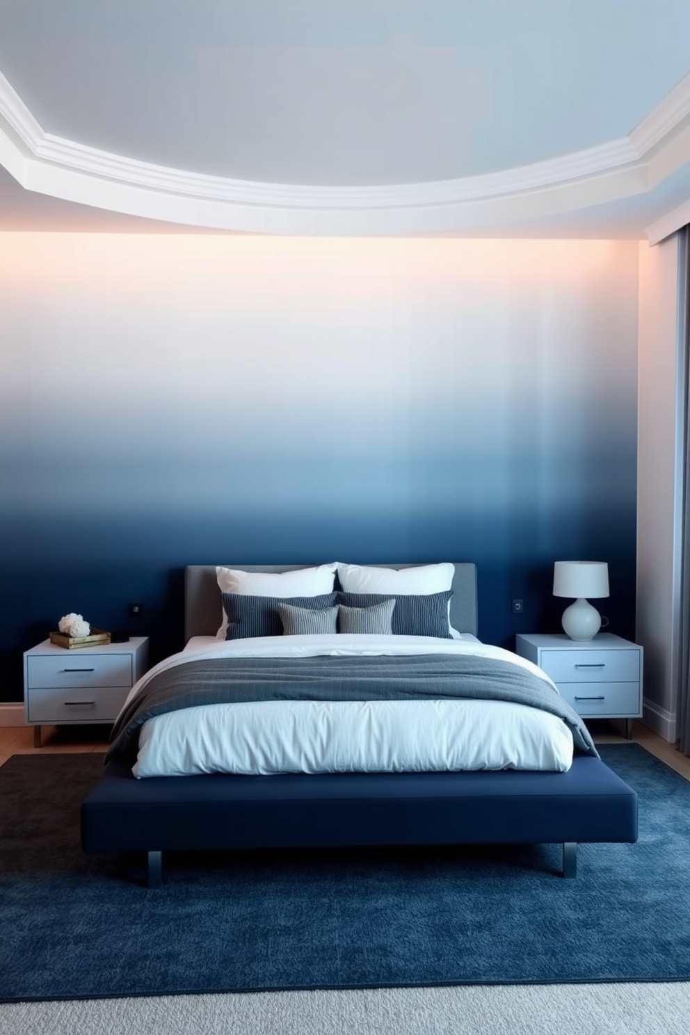 A stunning bedroom features a painted ombre effect accent wall that transitions smoothly from a deep navy blue at the bottom to a soft sky blue at the top. The wall creates a sense of depth and visual interest, enhancing the overall ambiance of the space. Complementing the ombre wall, the room is adorned with minimalist furniture that includes a sleek platform bed and matching nightstands. Soft, layered bedding in neutral tones adds comfort and elegance, making the bedroom a serene retreat.