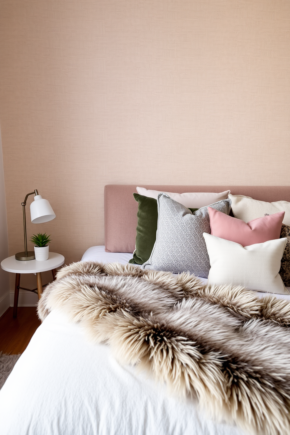 A cozy bedroom setting featuring a faux fur throw blanket draped over a plush bed. The accent wall is adorned with textured wallpaper in soft neutral tones, creating a warm and inviting atmosphere. Incorporate decorative pillows in varying shades and patterns to enhance the comfort of the space. A stylish bedside table holds a modern lamp and a small potted plant, adding a touch of greenery to the design.