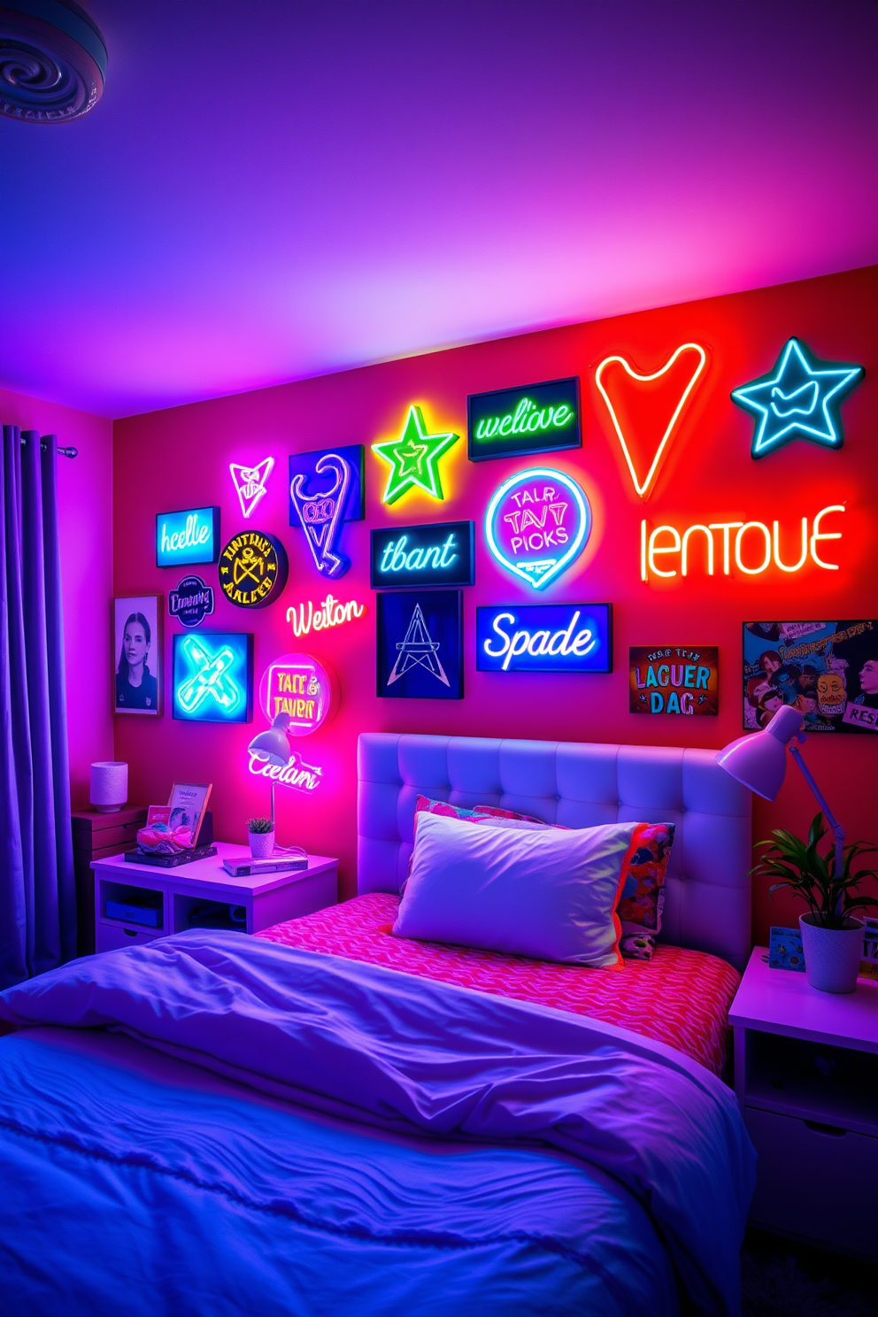 A vibrant bedroom filled with youthful energy featuring a striking accent wall adorned with colorful neon signs. The neon lights illuminate the space, creating a playful atmosphere that invites creativity and fun.