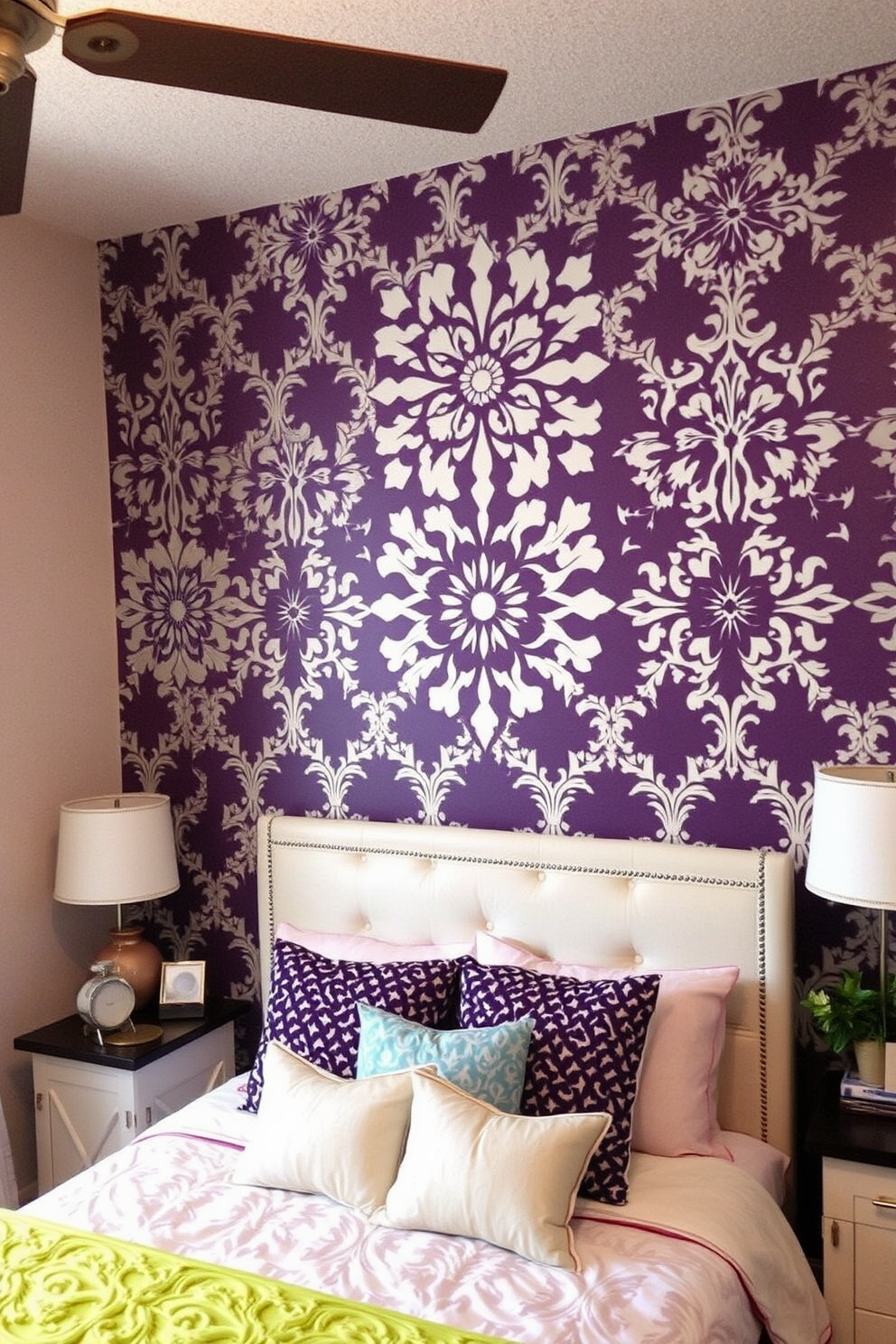 A striking bedroom accent wall features a vibrant mural depicting a serene landscape with mountains and a sunset. The mural is complemented by a minimalist bed frame in natural wood and soft bedding in neutral tones. On the opposite side, a cozy reading nook is created with a plush armchair and a small side table. Decorative cushions in rich colors add warmth and contrast to the overall design.