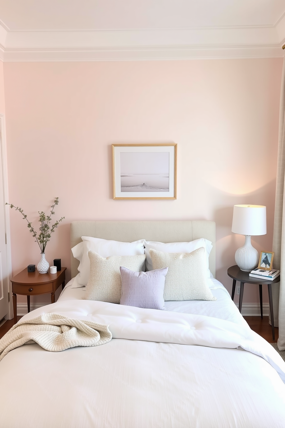 A serene bedroom setting featuring an accent wall painted in soft pastel colors. The wall is adorned with subtle geometric patterns that create a calming effect, complemented by light-colored bedding and soft textures throughout the room. Delicate artwork in soft hues hangs above the bed, enhancing the tranquil atmosphere. A cozy reading nook with a plush chair and a small side table invites relaxation, completing the peaceful retreat.