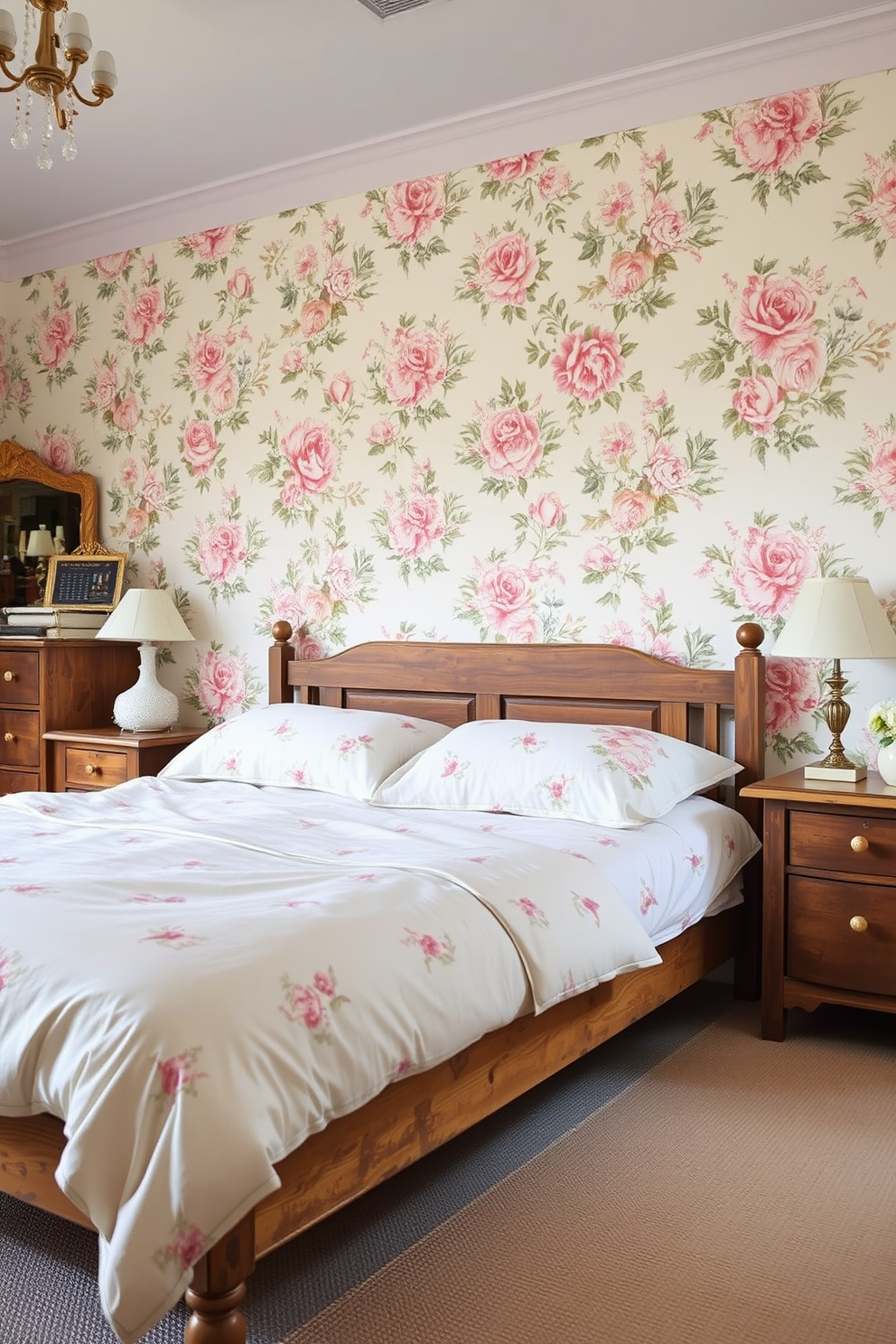 A charming bedroom features vintage wallpaper adorned with floral patterns in soft pastel colors. The accent wall creates a focal point, complementing the cozy bedding and rustic wooden furniture.