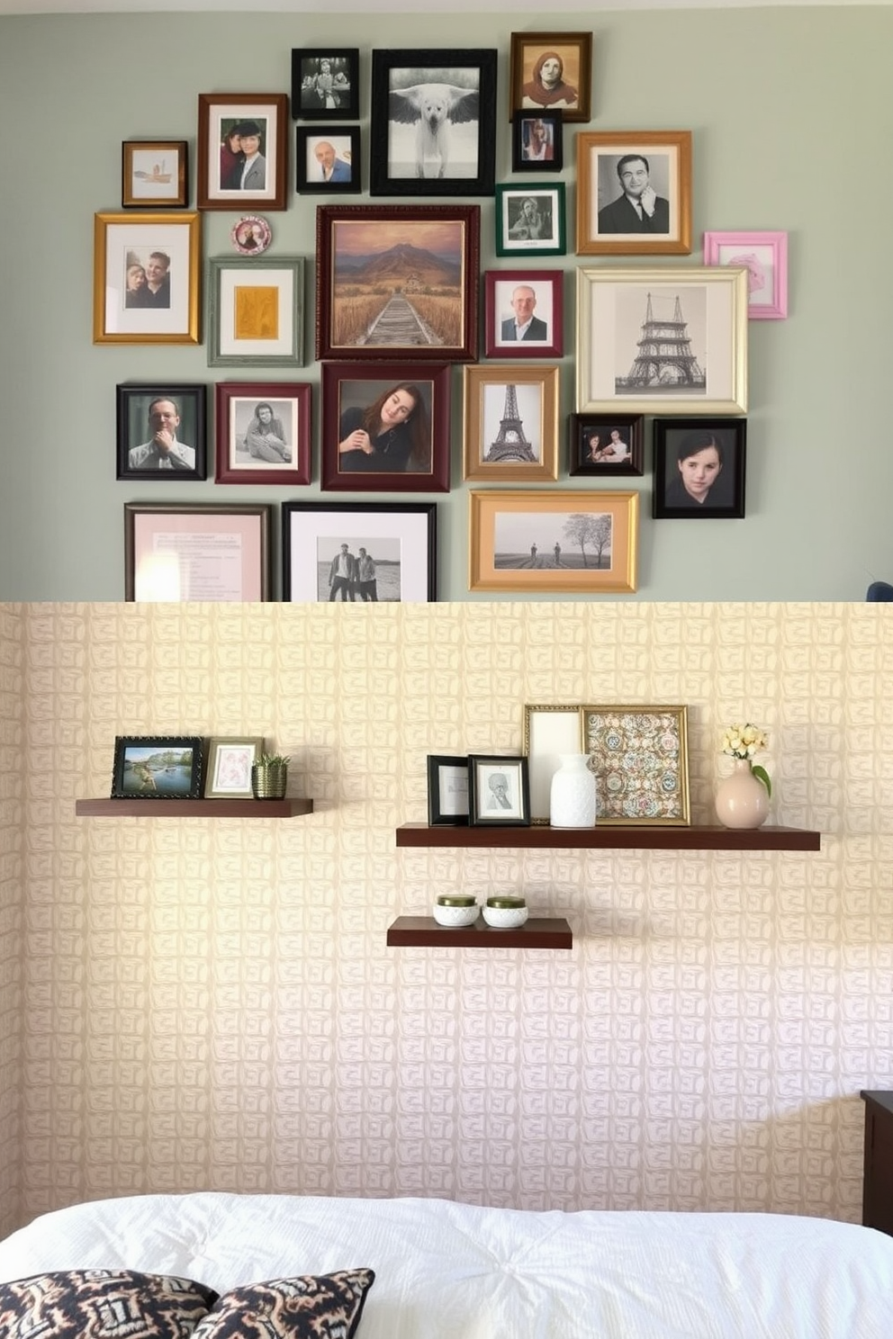 A gallery wall filled with personal artwork and cherished photos creates a unique and inviting focal point in the room. The arrangement features a mix of frames in various sizes and finishes, showcasing a blend of colors and styles that reflect the homeowner's personality. The accent wall in the bedroom is designed with textured wallpaper in a soft, calming hue. Complementing the wallpaper, a series of decorative shelves hold curated decor items, adding depth and interest to the space.