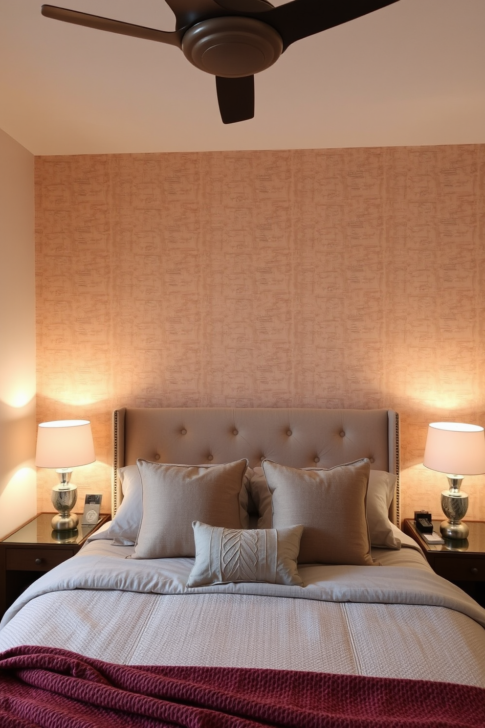 A cozy bedroom featuring textured wallpaper that adds depth and warmth to the space. The wallpaper design incorporates subtle patterns in soft earth tones, creating a serene atmosphere. The accent wall is positioned behind the bed, drawing attention to the focal point of the room. Complementary decor elements include a plush headboard and stylish bedside lamps that enhance the overall aesthetic.