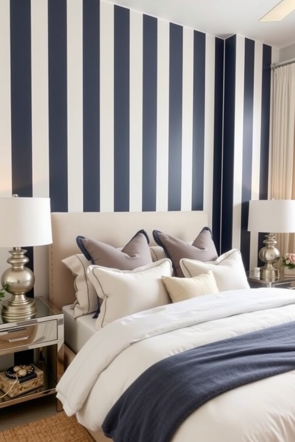 Create a cozy bedroom featuring an accent wall with bold vertical stripes that add height and dimension to the space. The color palette includes soft neutrals paired with a striking navy blue to create a calming yet stylish atmosphere. Incorporate a plush bed with layered bedding in complementary colors and textures. Add bedside tables with stylish lamps to enhance the overall aesthetic and functionality of the room.