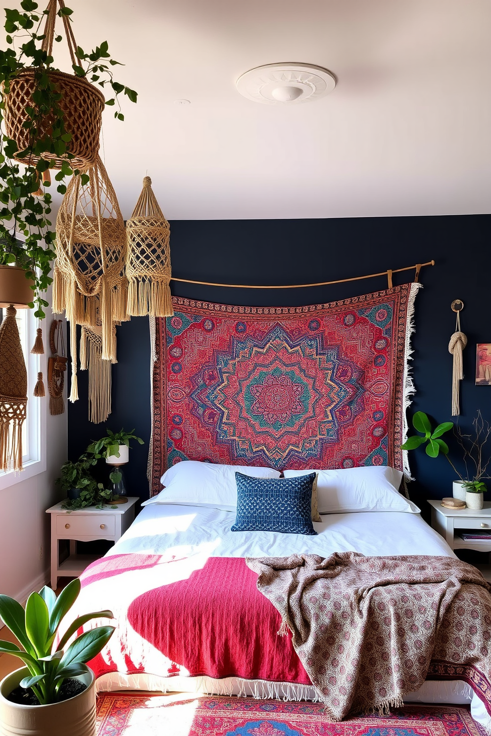 A cozy bedroom featuring a tapestry that adds a bohemian touch to the space. The tapestry is adorned with intricate patterns and vibrant colors, creating a focal point on the wall behind the bed. The accent wall is painted in a deep jewel tone that complements the tapestry. Decorative elements such as macrame hangings and plants enhance the bohemian vibe throughout the room.