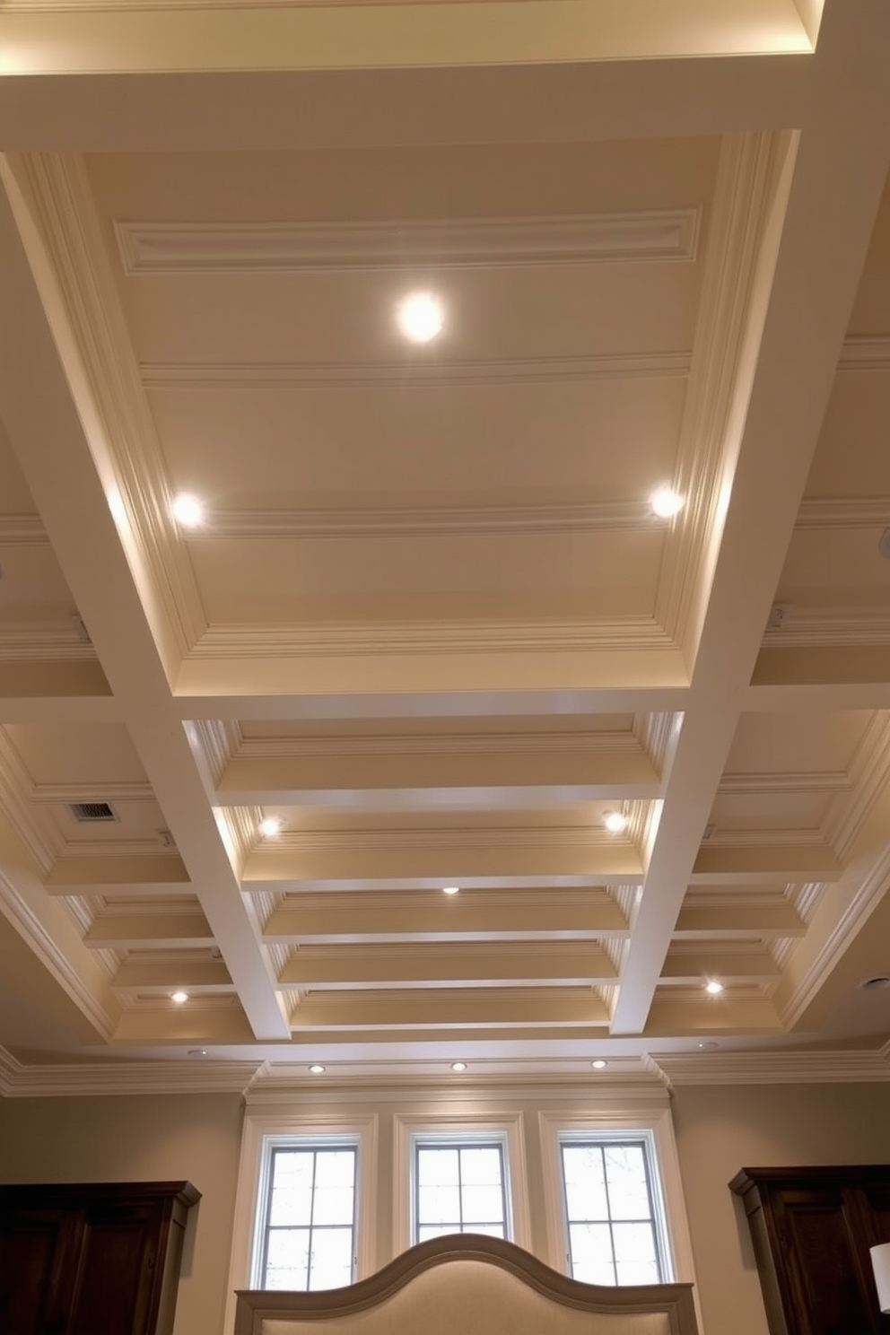 A coffered ceiling design features a grid of recessed panels that adds depth and elegance to the bedroom. Soft recessed lighting illuminates the space, creating a warm and inviting atmosphere while highlighting the architectural details.