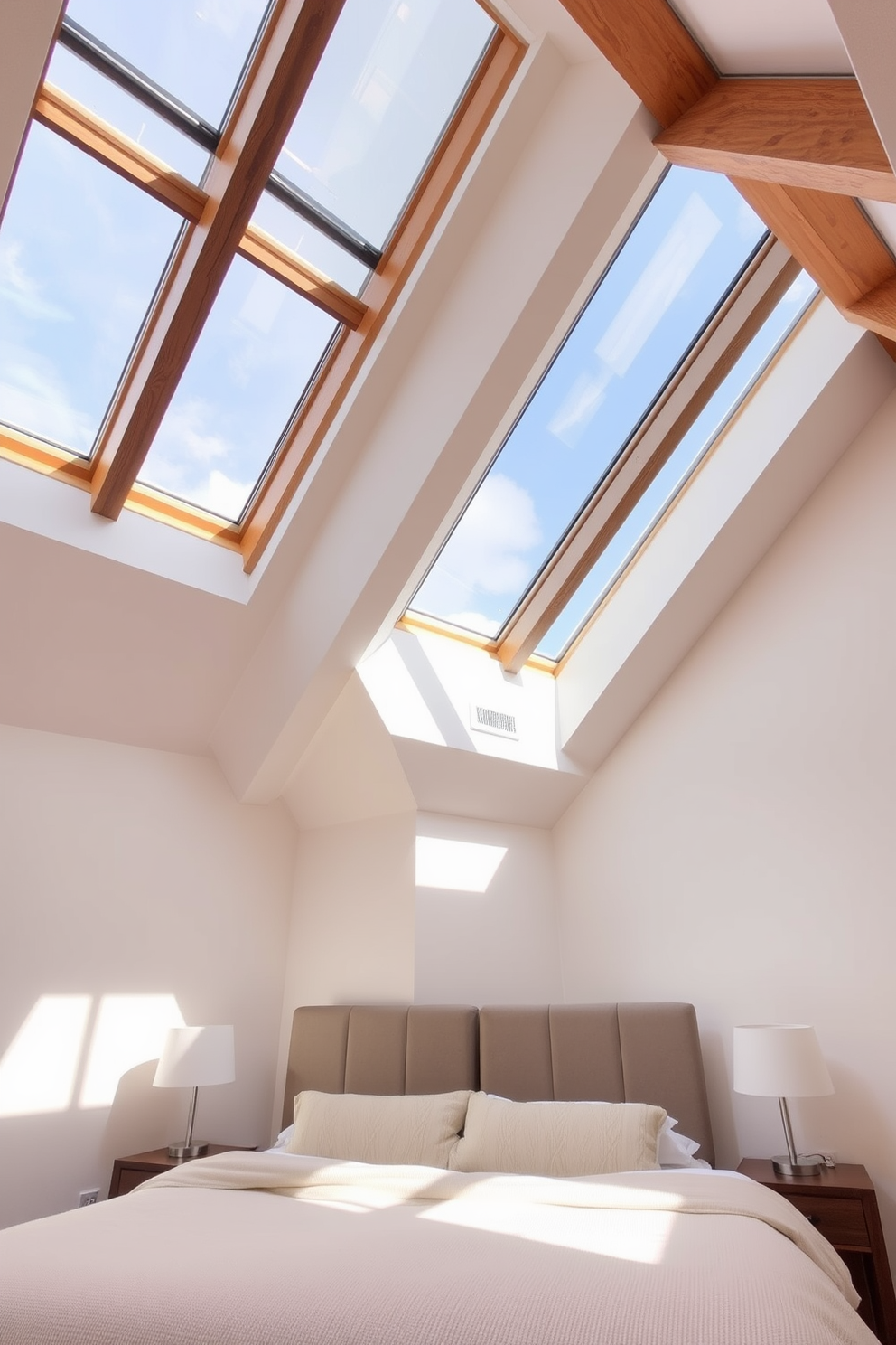 A serene bedroom featuring large skylights that flood the space with natural light creating an airy atmosphere. The ceiling showcases a modern design with wood beams adding warmth and character to the room. The walls are painted in soft neutral tones, complementing the natural light streaming in. Cozy bedding in light fabrics is arranged on a plush bed positioned under the skylights, enhancing the inviting ambiance.