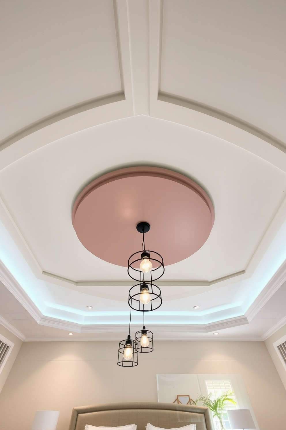 A stylish bedroom featuring a two-tone ceiling that adds depth and visual interest. The main color is a soft white, while the accent color is a calming light blue that creates a serene atmosphere. The ceiling design incorporates subtle geometric patterns that enhance the contemporary feel of the space. Elegant pendant lights hang from the center, casting a warm glow over the room.