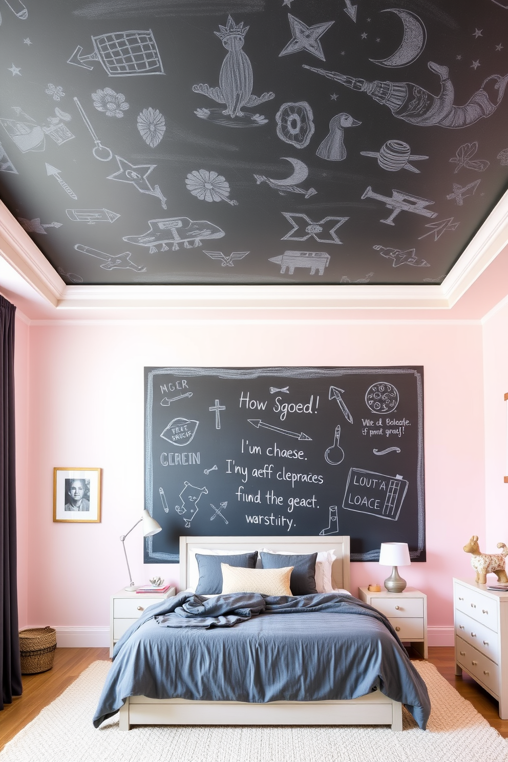 A bedroom featuring a chalkboard paint ceiling that encourages creativity and artistic expression. The walls are painted in soft pastel colors to create a calming atmosphere, while the furniture is minimalistic and functional.