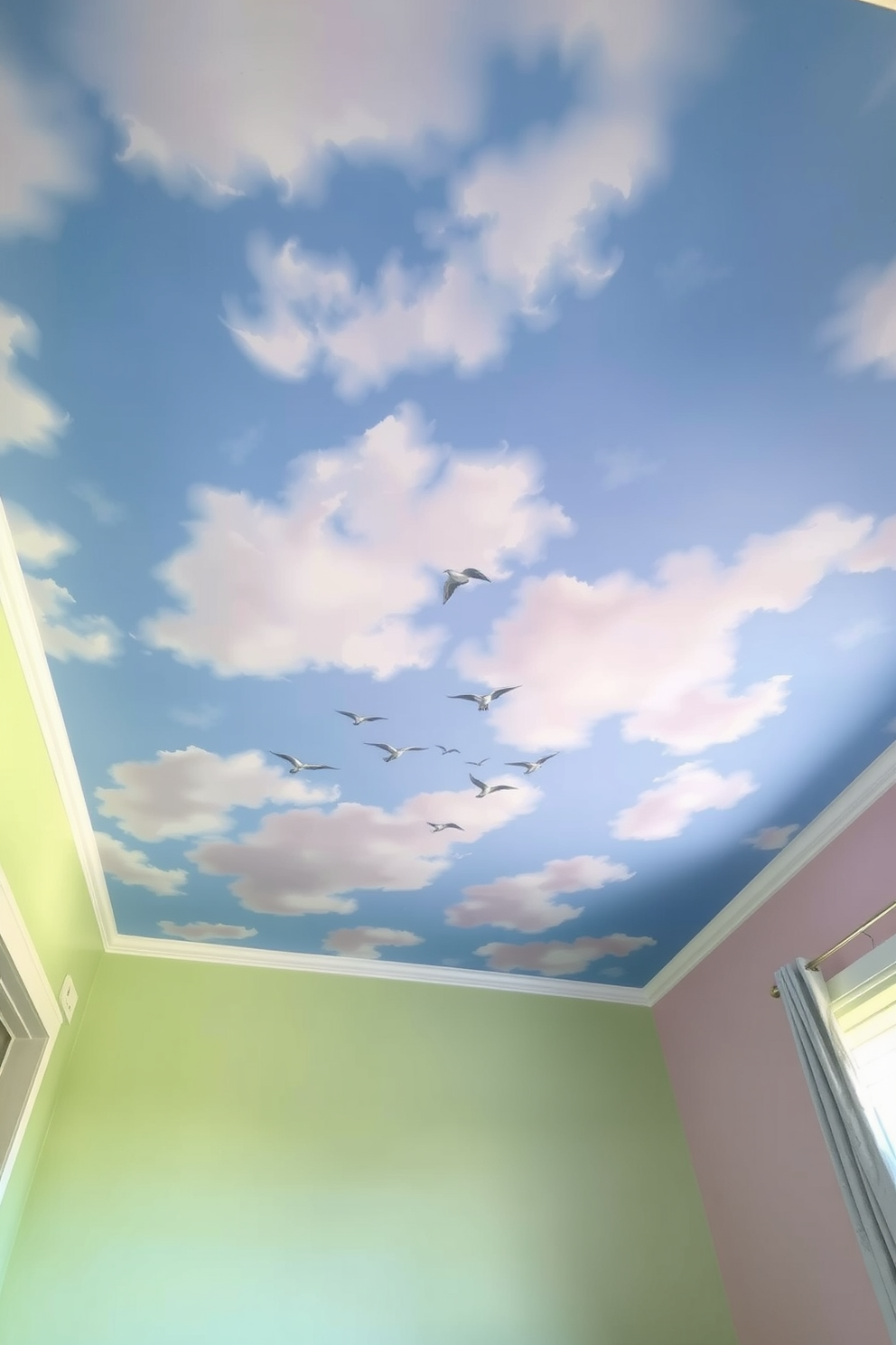 A stunning mural painted on the ceiling features a serene sky with soft clouds and delicate birds in flight. The walls of the bedroom are adorned with calming pastel colors, complementing the artistic ceiling and creating a tranquil atmosphere.