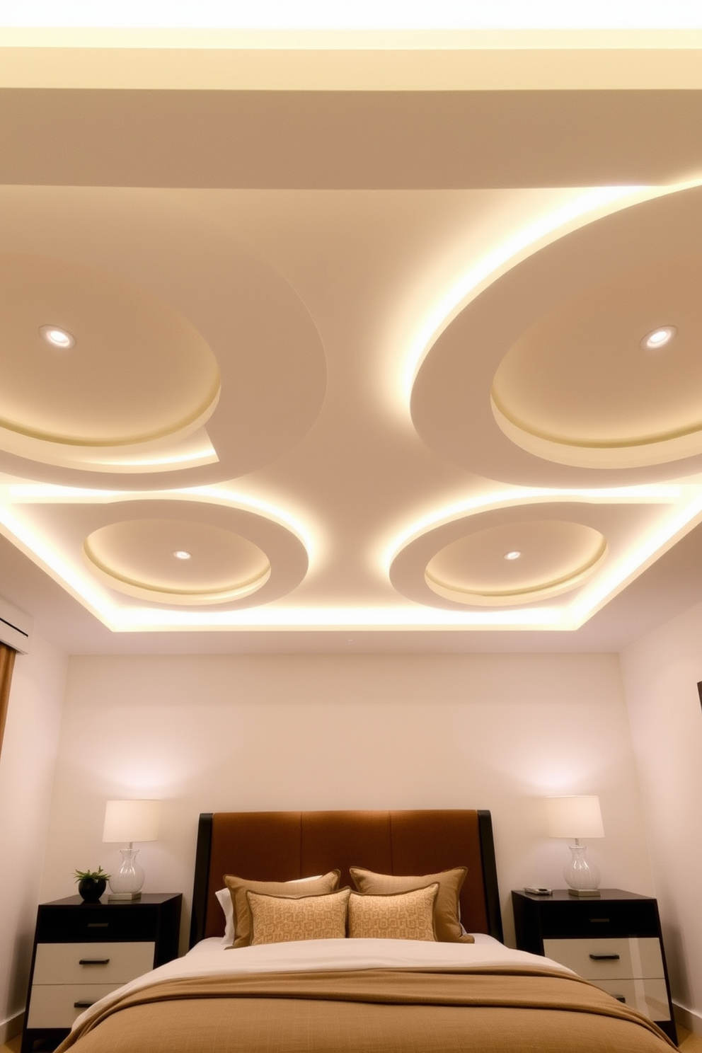 A cozy bedroom featuring innovative ceiling design ideas enhanced by LED strip lighting that creates a warm and inviting atmosphere. The ceiling is elegantly shaped with recessed areas where the soft glow of the LED lights highlights the architectural details, adding depth and character to the space.