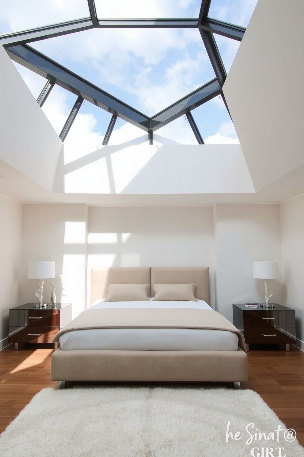 A stunning bedroom featuring a glass ceiling that allows natural light to flood the space. The walls are adorned with soft neutral tones, and the furnishings are minimalistic yet luxurious. A plush king-sized bed sits in the center, flanked by sleek nightstands with modern lamps. The floor is covered with a soft area rug that adds warmth to the contemporary elegance of the room.