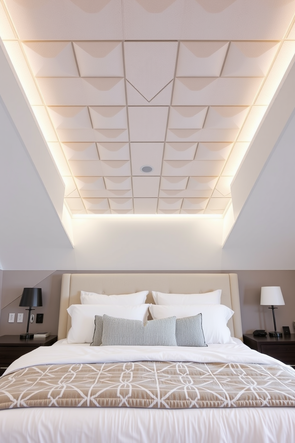 A serene bedroom retreat featuring an innovative ceiling design with acoustic tiles for optimal soundproofing. The tiles are arranged in a geometric pattern, enhancing both aesthetics and functionality while maintaining a calming color palette.