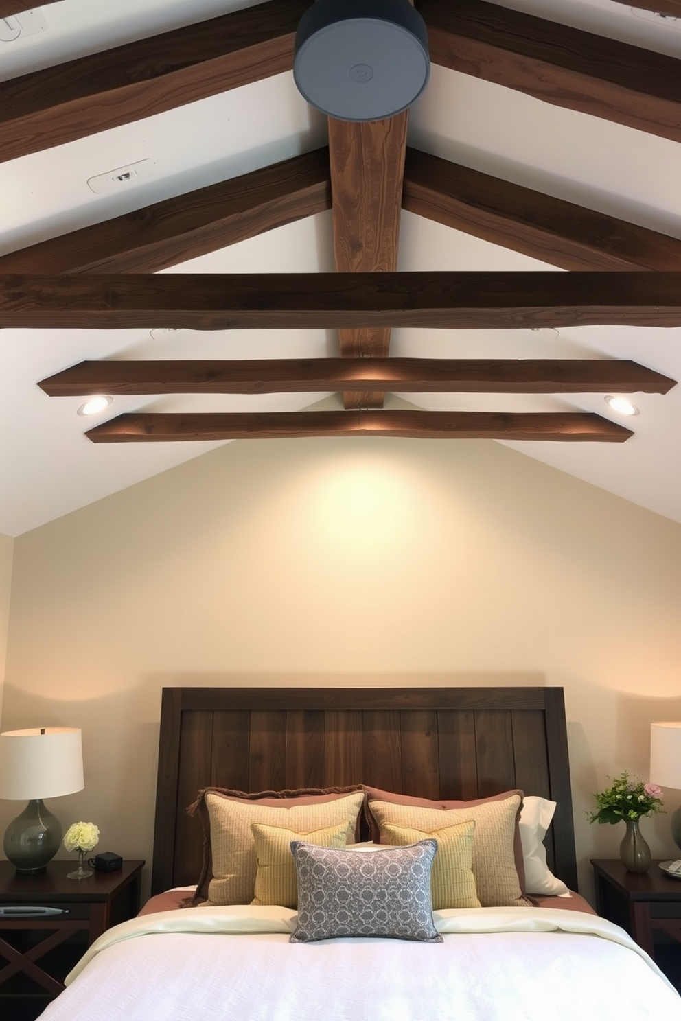 A cozy bedroom featuring wooden beams that add rustic charm to the space. The ceiling is adorned with exposed beams that create a warm and inviting atmosphere. Soft, neutral colors on the walls complement the natural wood elements. Plush bedding and decorative pillows enhance the comfort of the room while maintaining a stylish aesthetic.