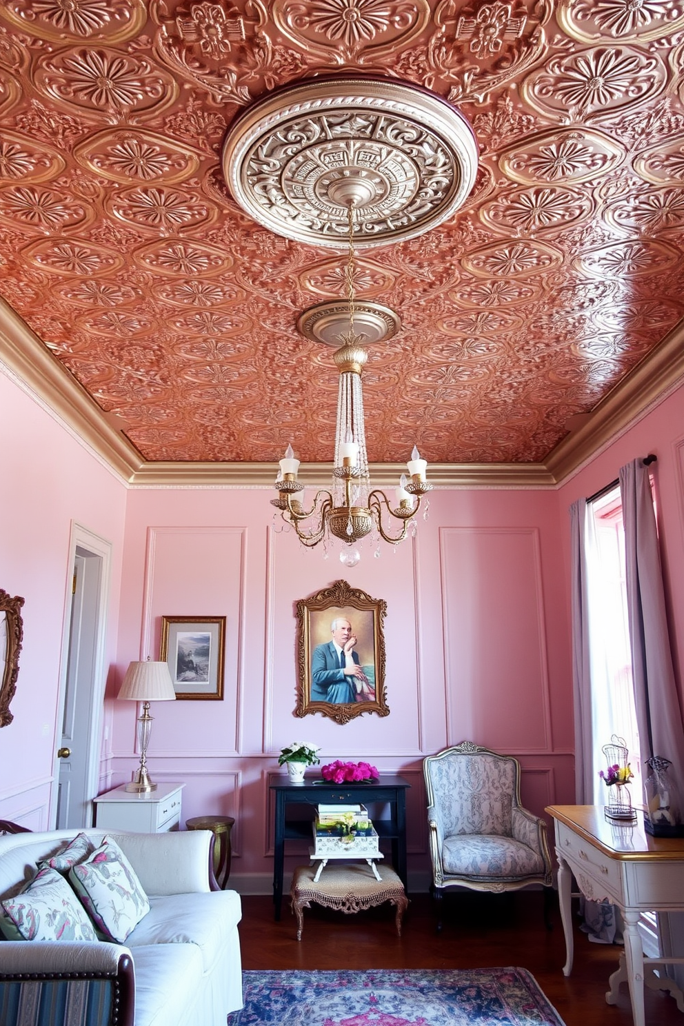 A cozy bedroom featuring a faux tin ceiling that adds vintage charm and character to the space. The walls are painted in a soft pastel hue, complementing the elegant furnishings and creating a warm atmosphere.