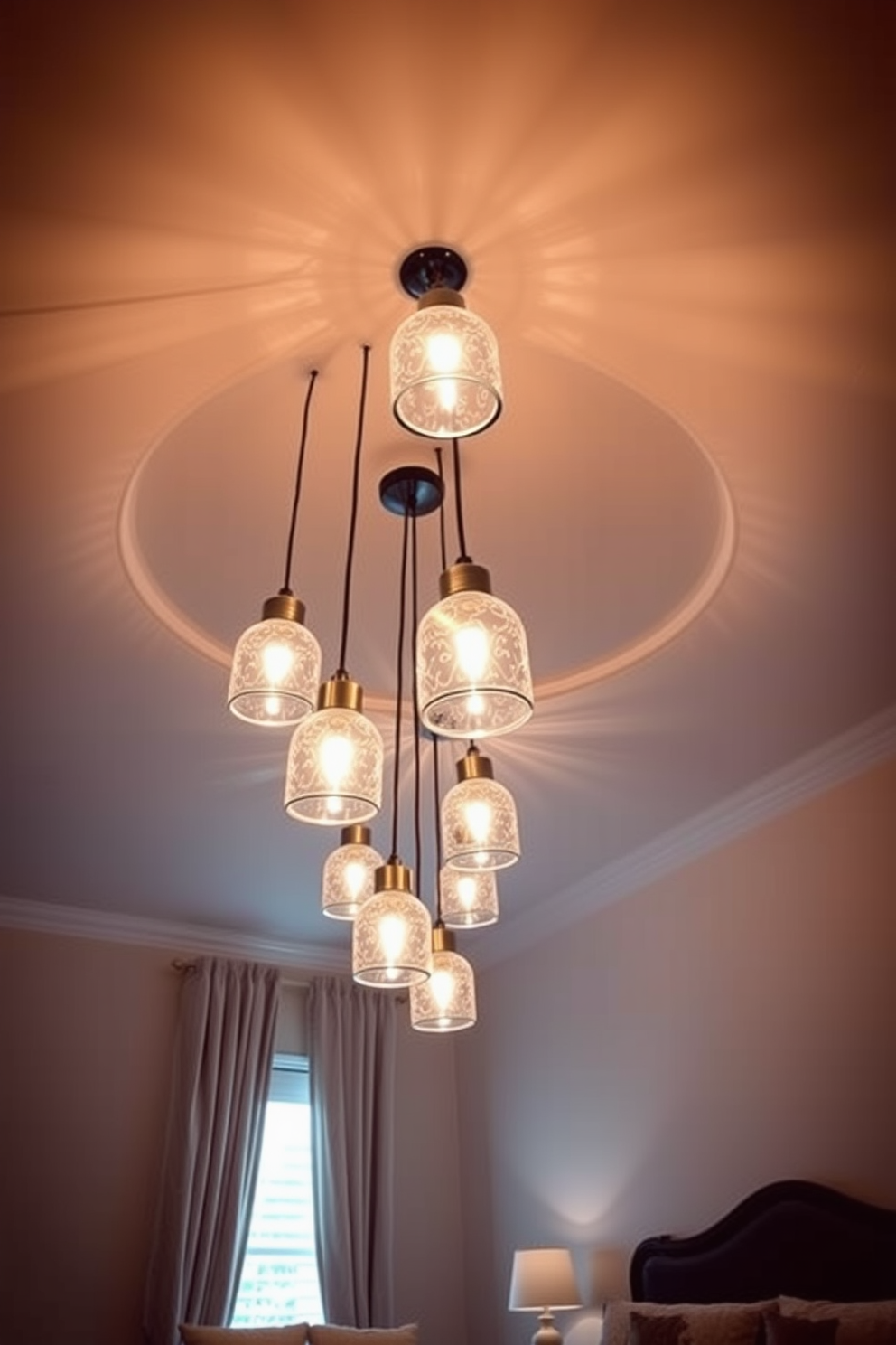 A stunning bedroom ceiling features a series of hanging pendant lights that serve as a captivating focal point. The warm glow from the lights enhances the cozy atmosphere, complementing the soft color palette of the room.