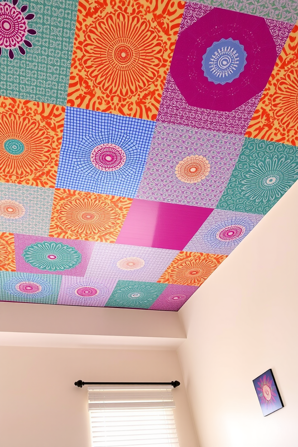 A vibrant bedroom featuring colorful acoustic tiles on the ceiling, creating a playful and energetic atmosphere. The walls are painted in a soft white, allowing the ceiling's hues to stand out while enhancing the room's brightness.