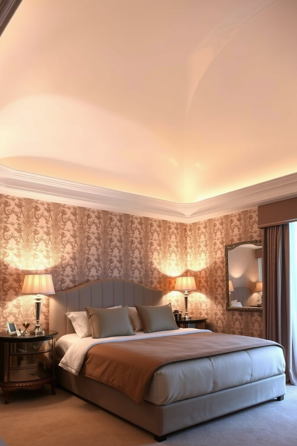 A cozy bedroom featuring faux wood ceiling planks that add warmth and texture to the space. Soft ambient lighting highlights the natural grain of the wood while creating an inviting atmosphere.