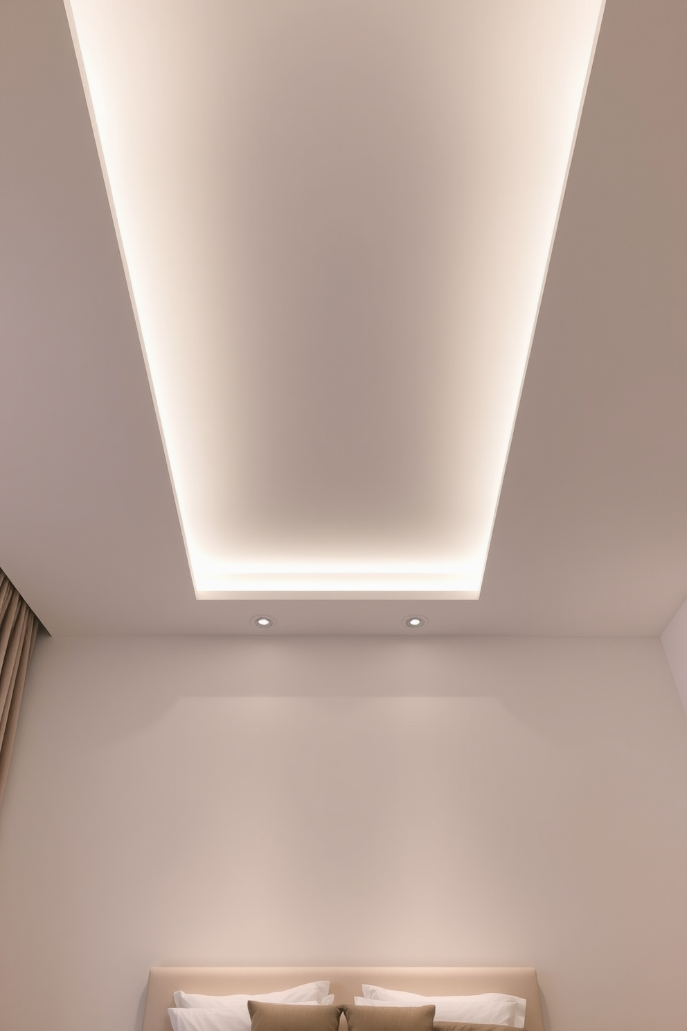 A minimalist flat ceiling design features clean lines and a smooth surface that enhances the sense of space. Soft white lighting is integrated into the ceiling to create a serene ambiance, complementing the overall simplicity of the bedroom.