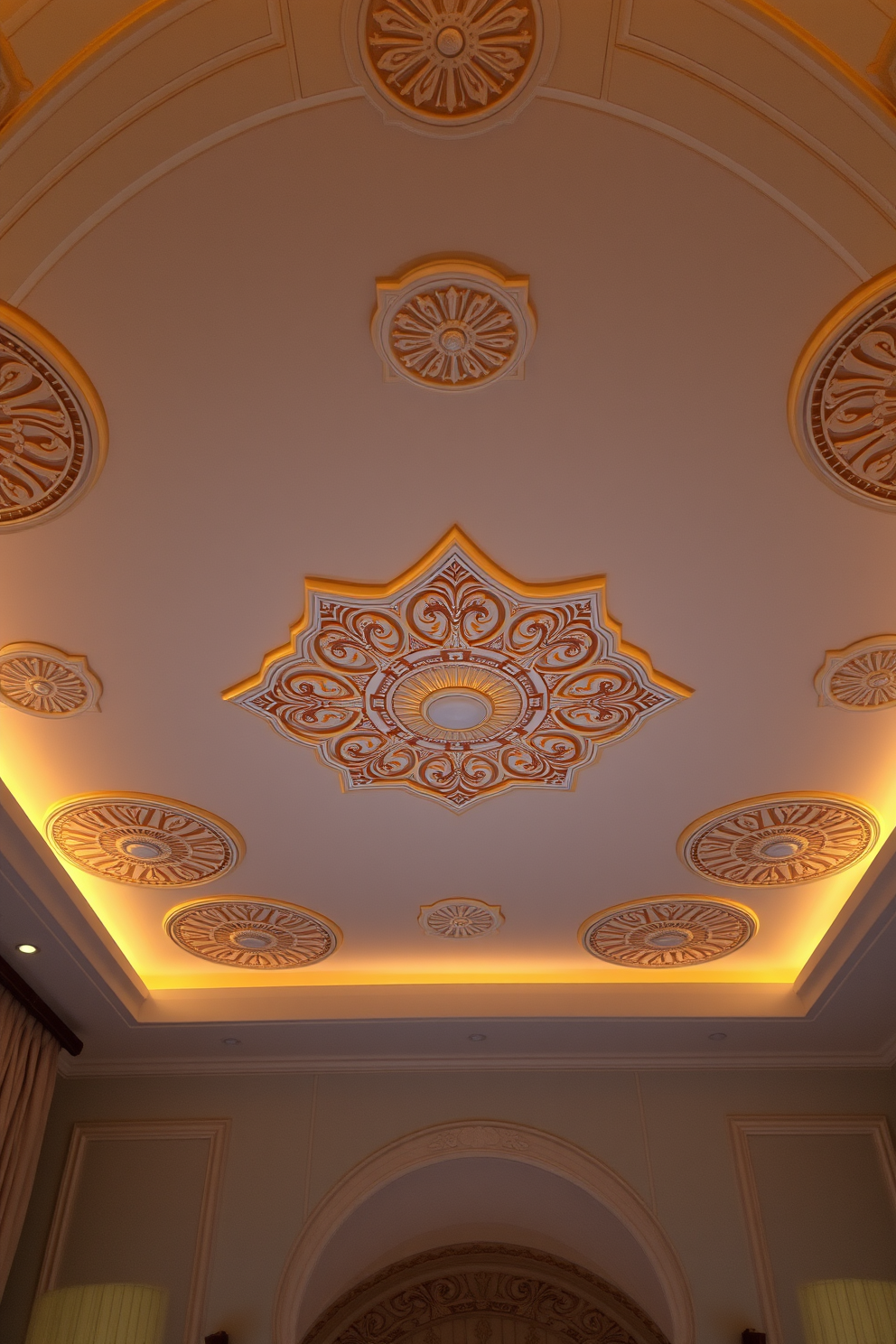 A luxurious bedroom ceiling adorned with intricate decorative medallions that add a classic touch to the space. The soft ambient lighting highlights the elegant patterns, creating a warm and inviting atmosphere.