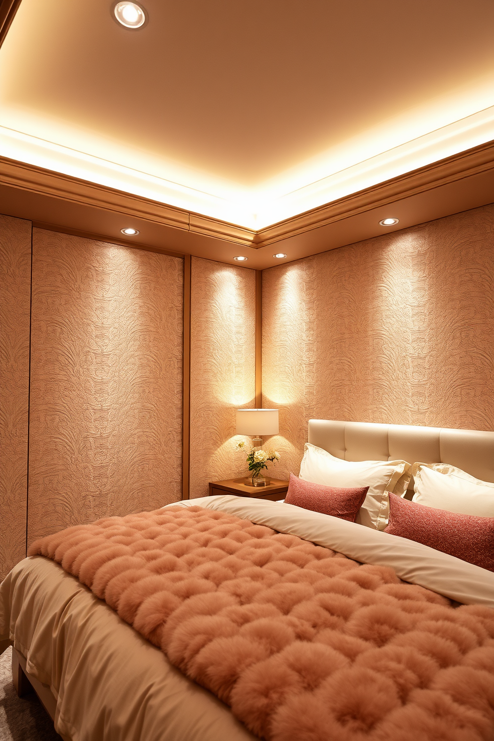 A cozy bedroom featuring recessed lighting integrated into the ceiling grooves creates a warm and inviting atmosphere. The soft glow from the lights highlights the elegant textures of the walls and complements the plush bedding in neutral tones.