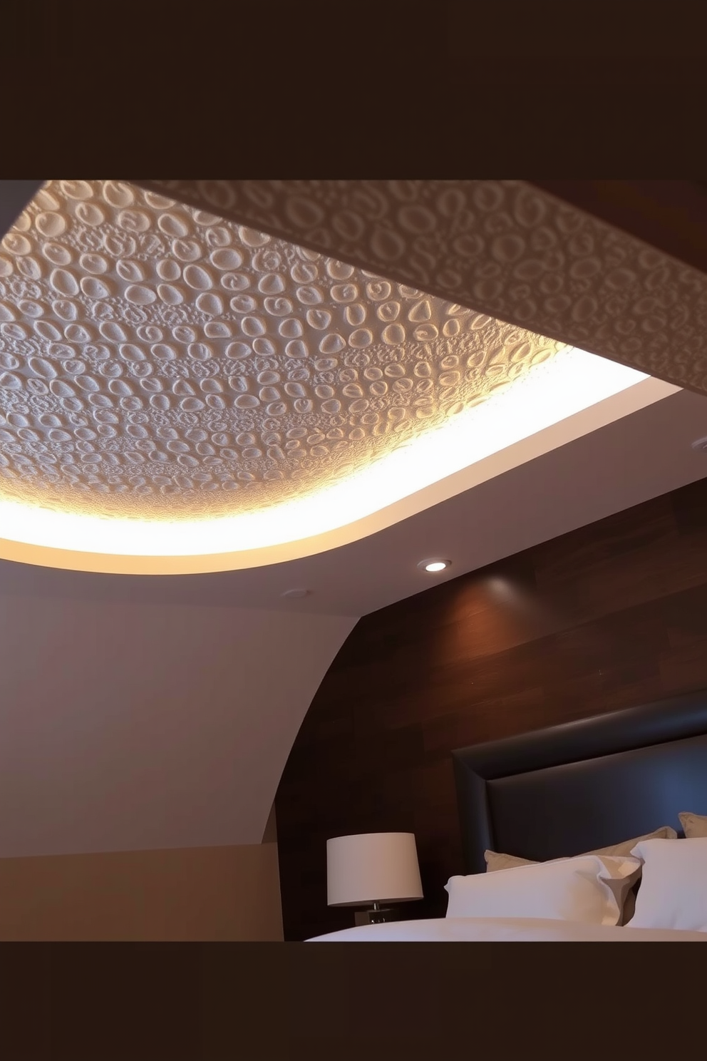 A serene bedroom featuring a ceiling adorned with intricate stenciled patterns that create a sense of artistic flair. The soft color palette of the walls complements the ceiling design, enhancing the overall ambiance of the space. The bed is dressed in plush linens, with decorative pillows that echo the stenciled motifs above. Ambient lighting fixtures are strategically placed to highlight the ceiling's artistry, adding a warm glow to the room.