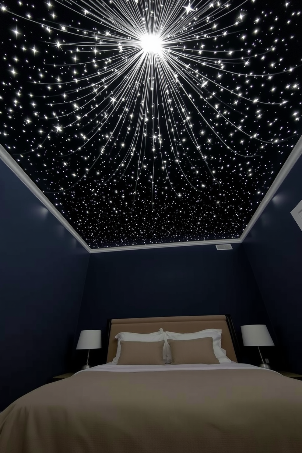 A serene bedroom featuring a starlit ceiling adorned with fiber optics that twinkle like stars at night. The walls are painted in a soft navy blue, creating a cozy atmosphere, while a plush king-sized bed is centered beneath the celestial display.