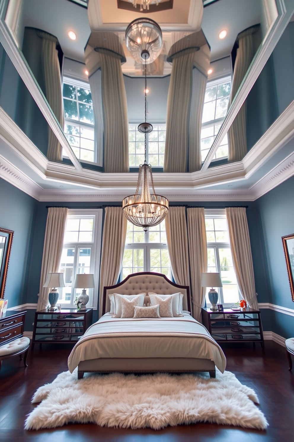 A stunning bedroom features a mirrored ceiling that reflects the soft lighting and adds a sense of spaciousness. The walls are painted in a calming blue hue, complemented by elegant crown molding that enhances the room's sophistication. Luxurious drapery frames the large windows, allowing natural light to filter through while maintaining privacy. Underfoot, a plush area rug adds warmth and comfort, inviting relaxation in this serene retreat.