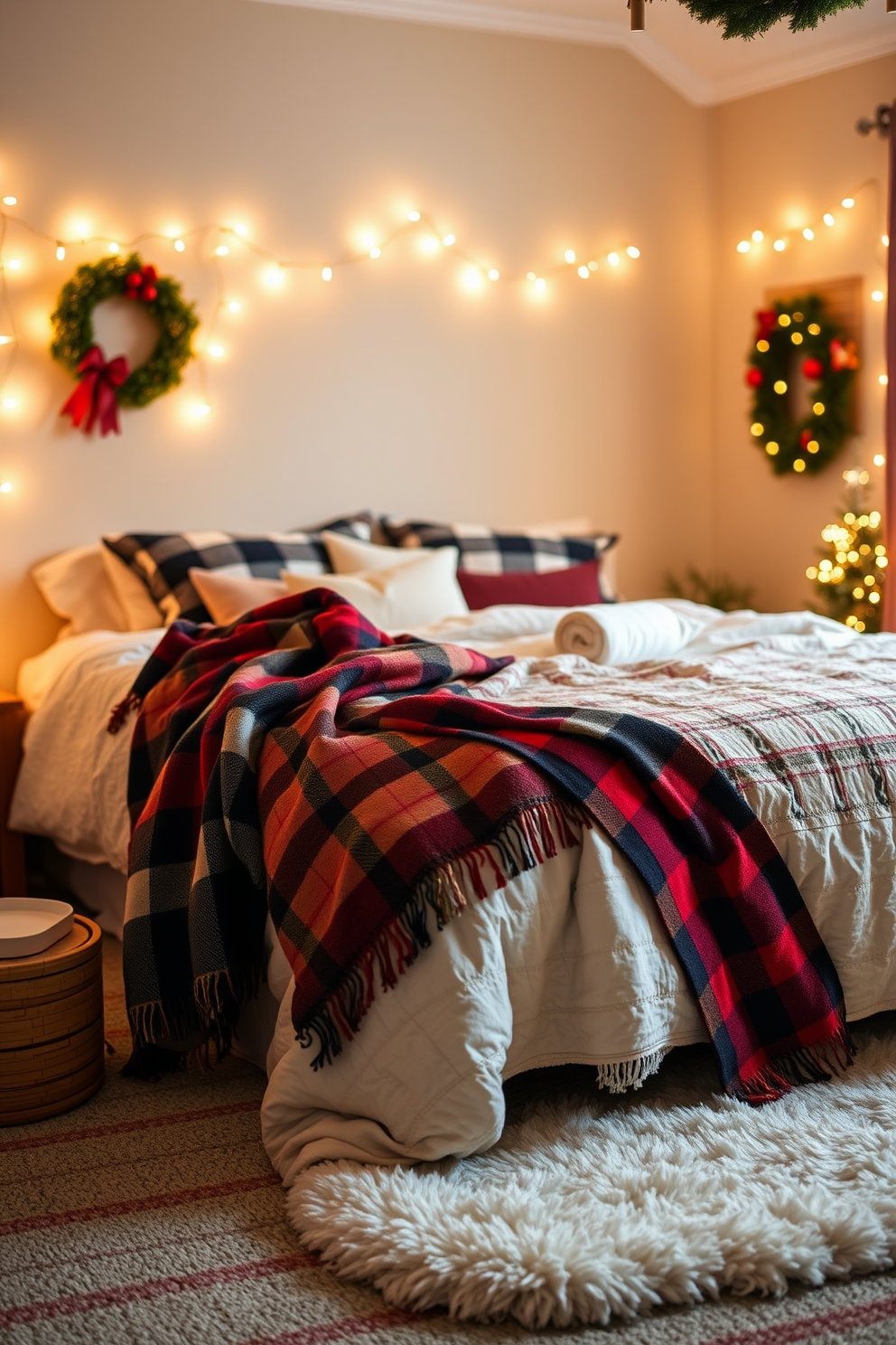 Cozy plaid bedding layered with soft white blankets creates a warm and inviting atmosphere. The bed is adorned with festive throw pillows in rich red and green hues, enhancing the holiday spirit. Twinkling fairy lights are draped along the headboard, adding a touch of magic to the space. A small evergreen tree sits in the corner, decorated with delicate ornaments and a star on top, completing the festive look.