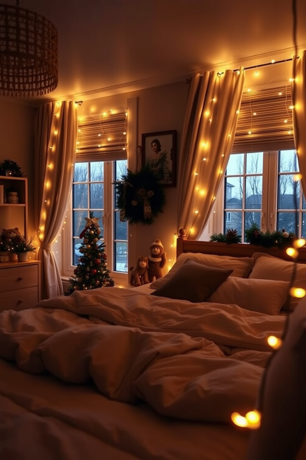 A cozy bedroom adorned for the holidays features a beautifully made bed with soft white linens and festive red and green throw pillows. Above the bed, a charming garland is draped, and Christmas stockings are hung with care on a rustic wooden mantle, creating a warm and inviting atmosphere.