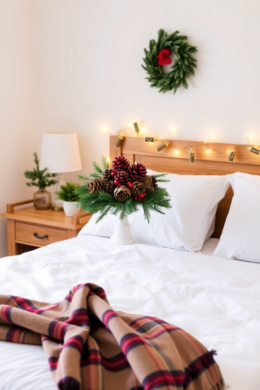 A cozy bedroom adorned for Christmas with snowflake ornaments gracefully hanging from the ceiling. The bed is dressed in festive red and white linens, and a small Christmas tree sits in the corner, decorated with twinkling lights and colorful ornaments.