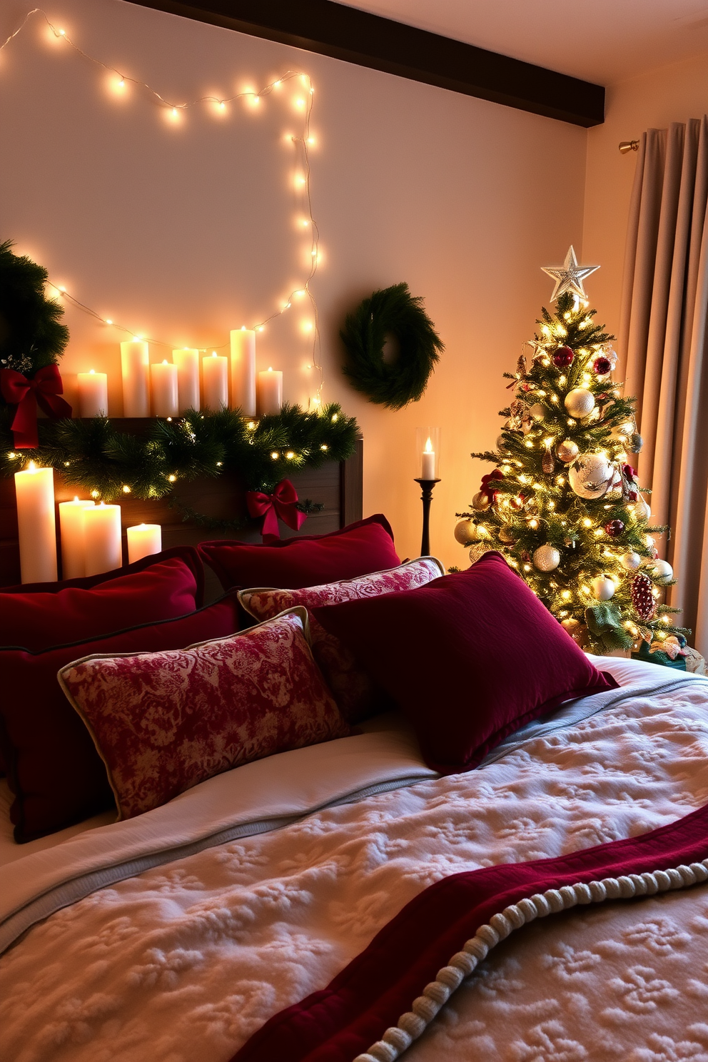 A cozy bedroom adorned for the holidays with festive decorations. Soft twinkling lights wrap around the headboard while an array of holiday candles in varying heights fills the room with seasonal scents. Plush bedding in rich reds and greens complements the winter theme. A beautifully decorated Christmas tree stands in the corner, adorned with ornaments that reflect the warmth of the season.