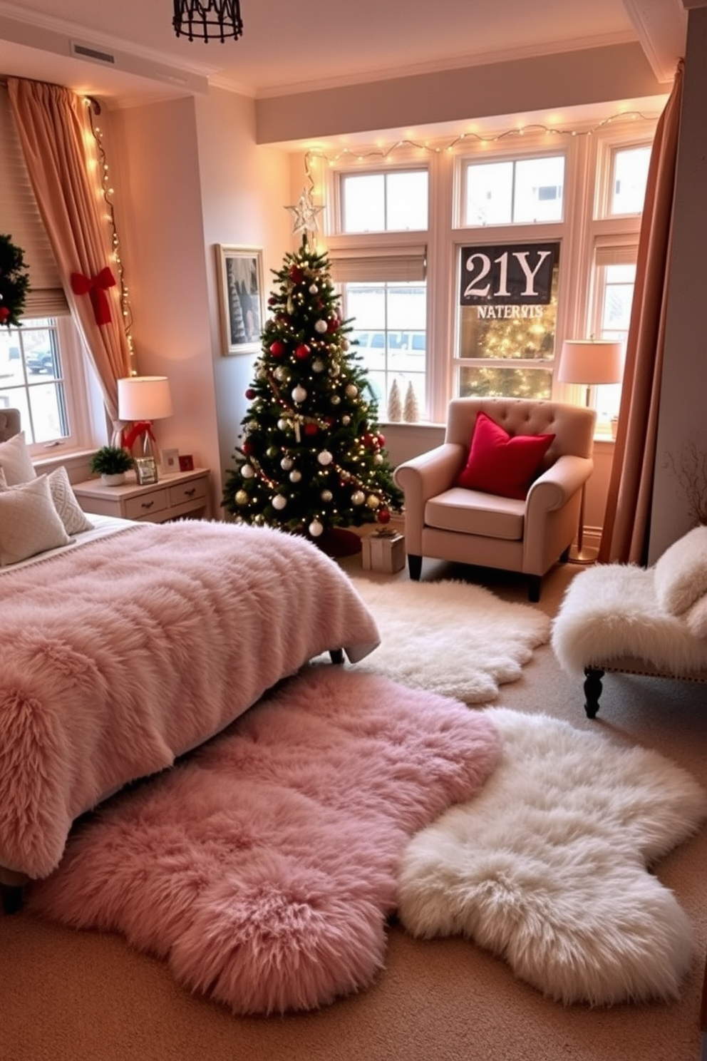 A cozy bedroom adorned with fluffy faux fur rugs that add warmth and texture to the space. The rugs are placed strategically beside the bed and in front of a comfortable armchair, inviting a sense of comfort and luxury. The room is decorated with festive Christmas elements, including a beautifully adorned tree in the corner and twinkling fairy lights draped across the windows. Plush pillows in holiday colors enhance the inviting atmosphere, creating a perfect winter retreat.