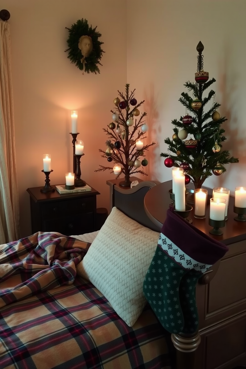 A cozy bedroom adorned with a holiday themed bedding set featuring rich reds and greens. The comforter showcases festive patterns of snowflakes and reindeer, complemented by matching decorative pillows. Twinkling fairy lights are draped along the headboard, creating a warm and inviting atmosphere. A small Christmas tree sits in the corner, decorated with ornaments that echo the colors of the bedding.