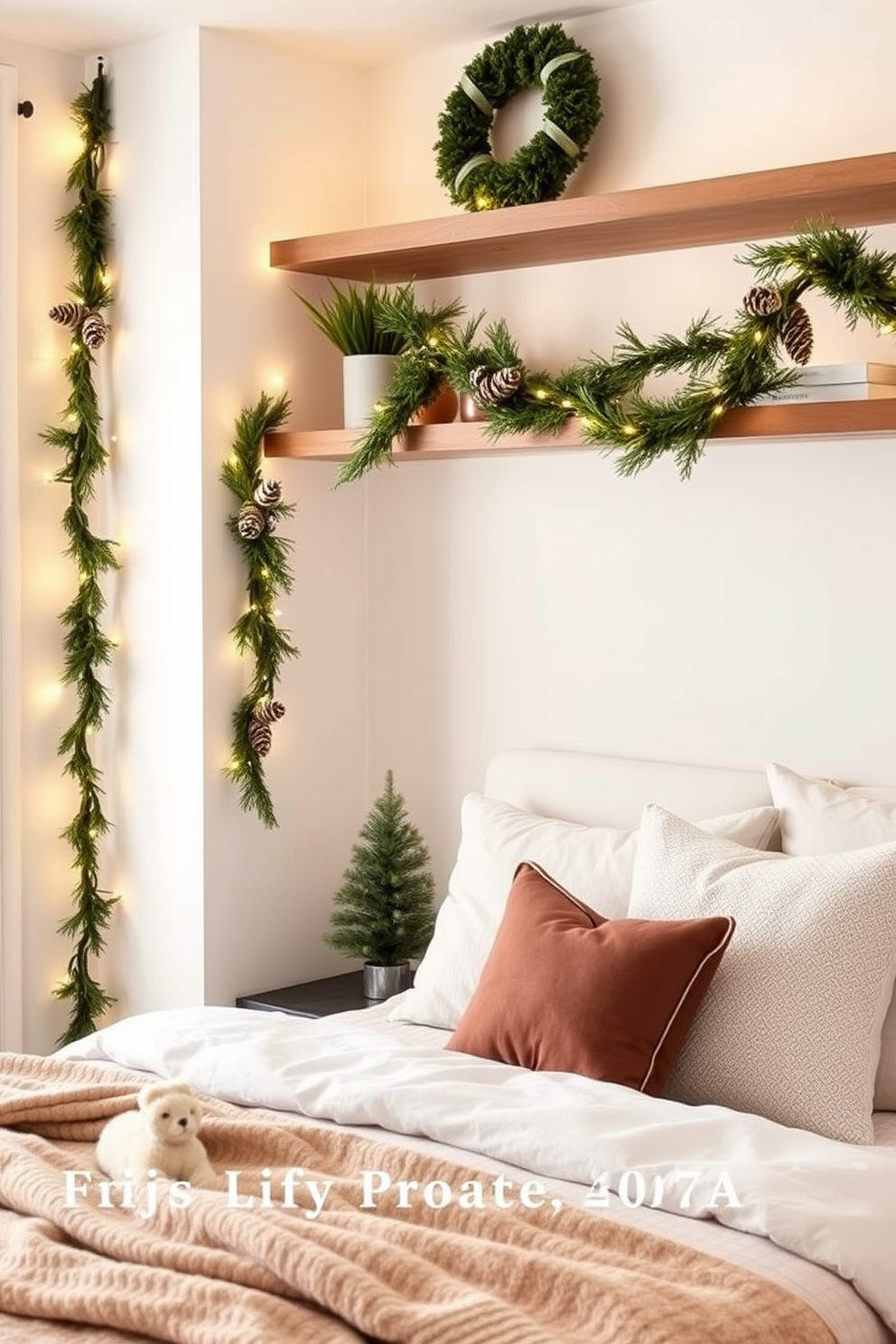 A cozy bedroom adorned with DIY garlands draped elegantly across the shelves. The garlands are made of natural elements like pinecones, twinkling fairy lights, and fresh greenery, creating a warm and festive atmosphere. The bed is dressed in soft, neutral-toned linens with a plush throw blanket and accent pillows. A small decorative tree sits in the corner, adding to the holiday charm and inviting a sense of comfort and joy.