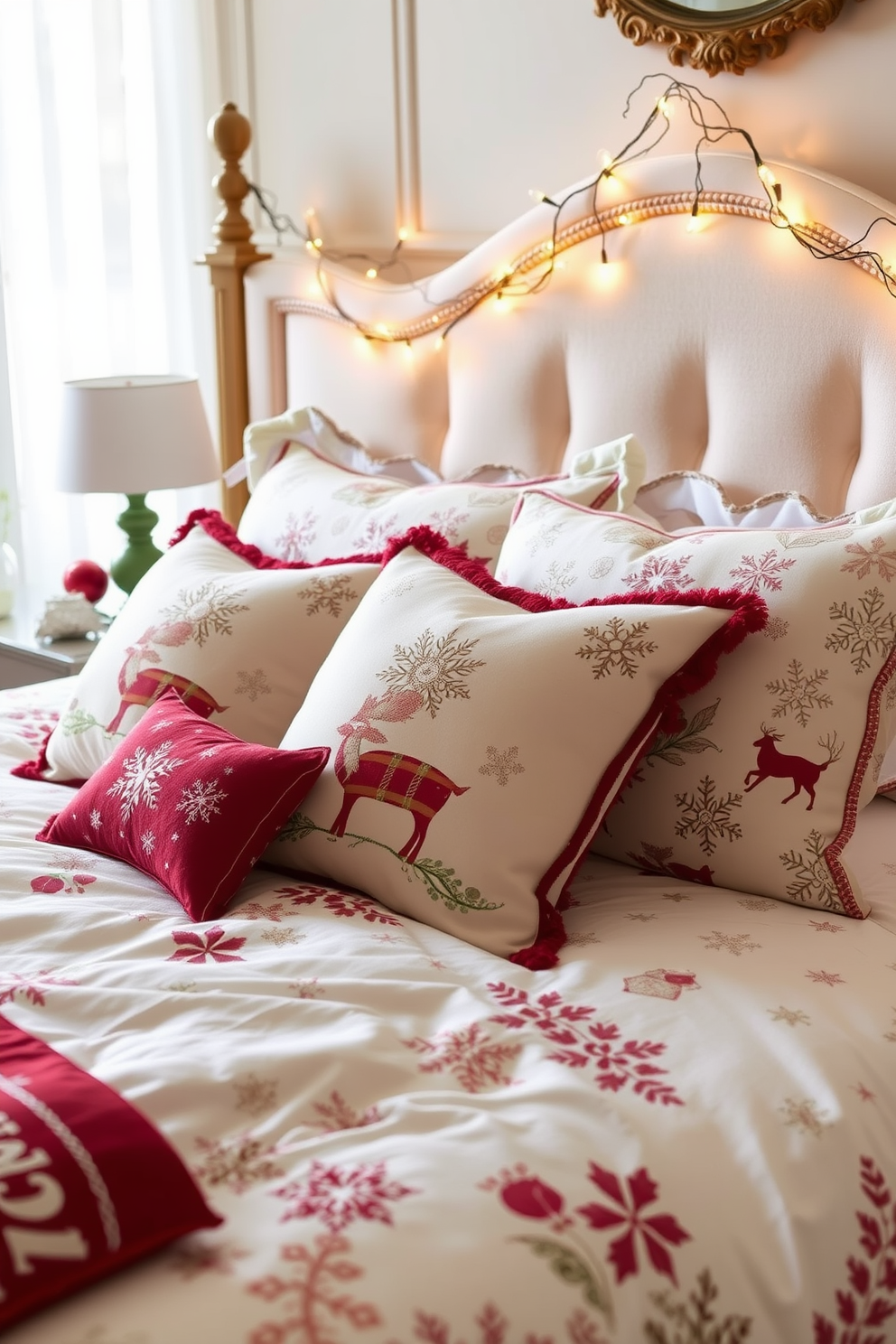 Elegant bed linens with holiday patterns create a cozy and festive atmosphere in the bedroom. The soft textures and rich colors enhance the warmth of the space, making it inviting for the holiday season. Add decorative pillows featuring snowflakes and reindeer to complement the bed linens. Twinkling fairy lights draped over the headboard add a magical touch to the overall decor.