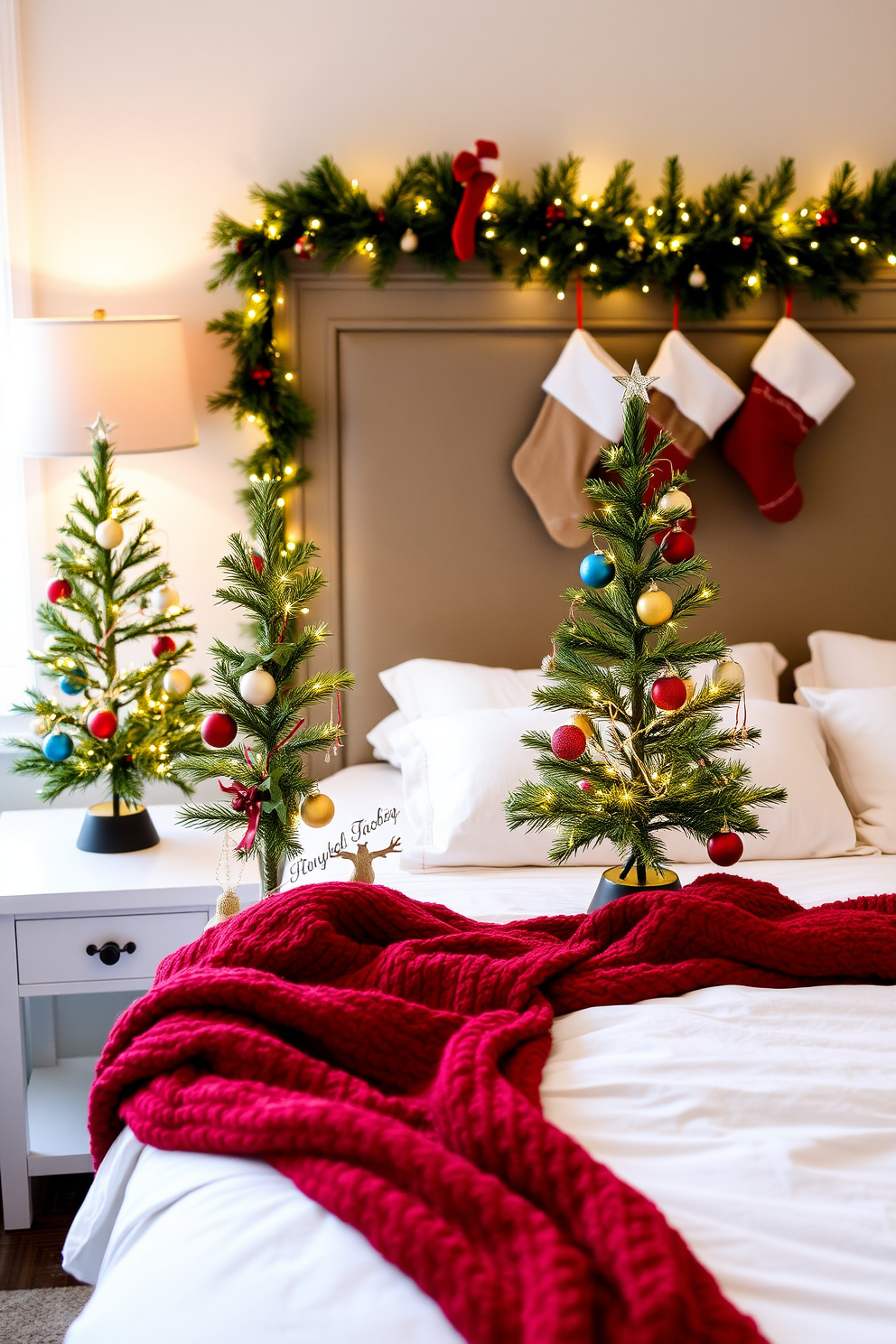 A cozy bedroom adorned with festive cheer. On each bedside table, miniature evergreen trees are beautifully decorated with twinkling lights and colorful ornaments. The bed is dressed in soft white linens with a plush red throw blanket draped across the foot. Stockings hang from the headboard, adding a charming touch to the holiday decor.