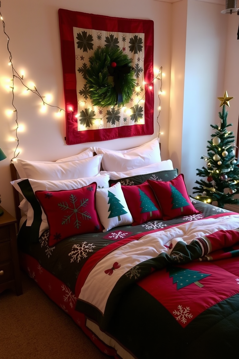 A cozy bedroom adorned with Christmas-themed quilts in rich reds and greens. The bed is layered with a festive quilt featuring snowflakes and Christmas trees, complemented by plush pillows in coordinating colors. Twinkling fairy lights drape over the headboard, casting a warm glow throughout the room. A small Christmas tree sits in the corner, decorated with delicate ornaments and a star on top, enhancing the holiday spirit.