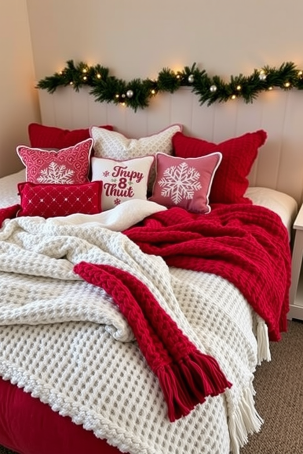 A cozy bedroom adorned for Christmas. The bed is layered with soft knitted throws in shades of red and white, complemented by festive pillows featuring snowflake patterns.